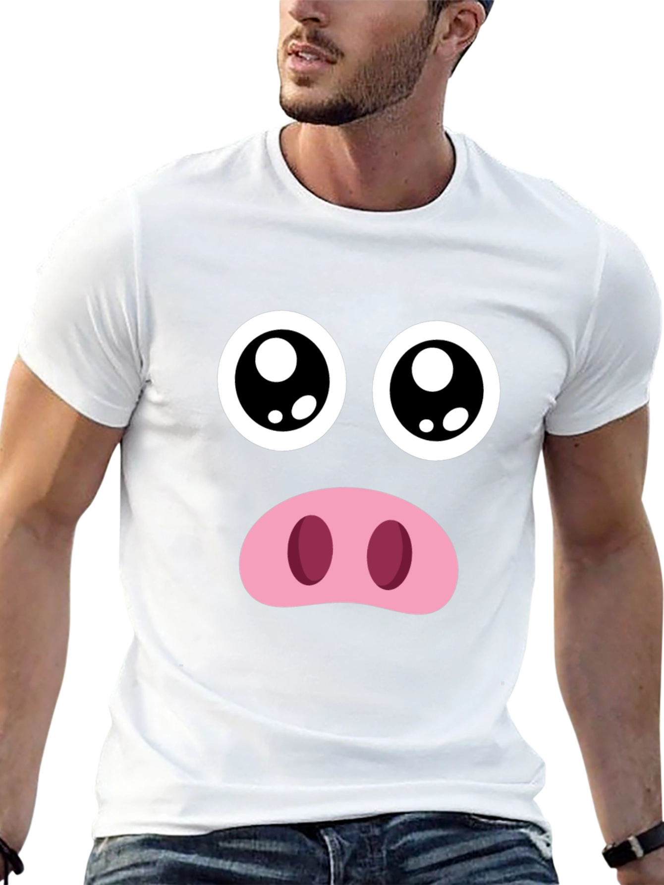 Funny Pig Face Graphic Tee - Black Crewneck T-Shirt