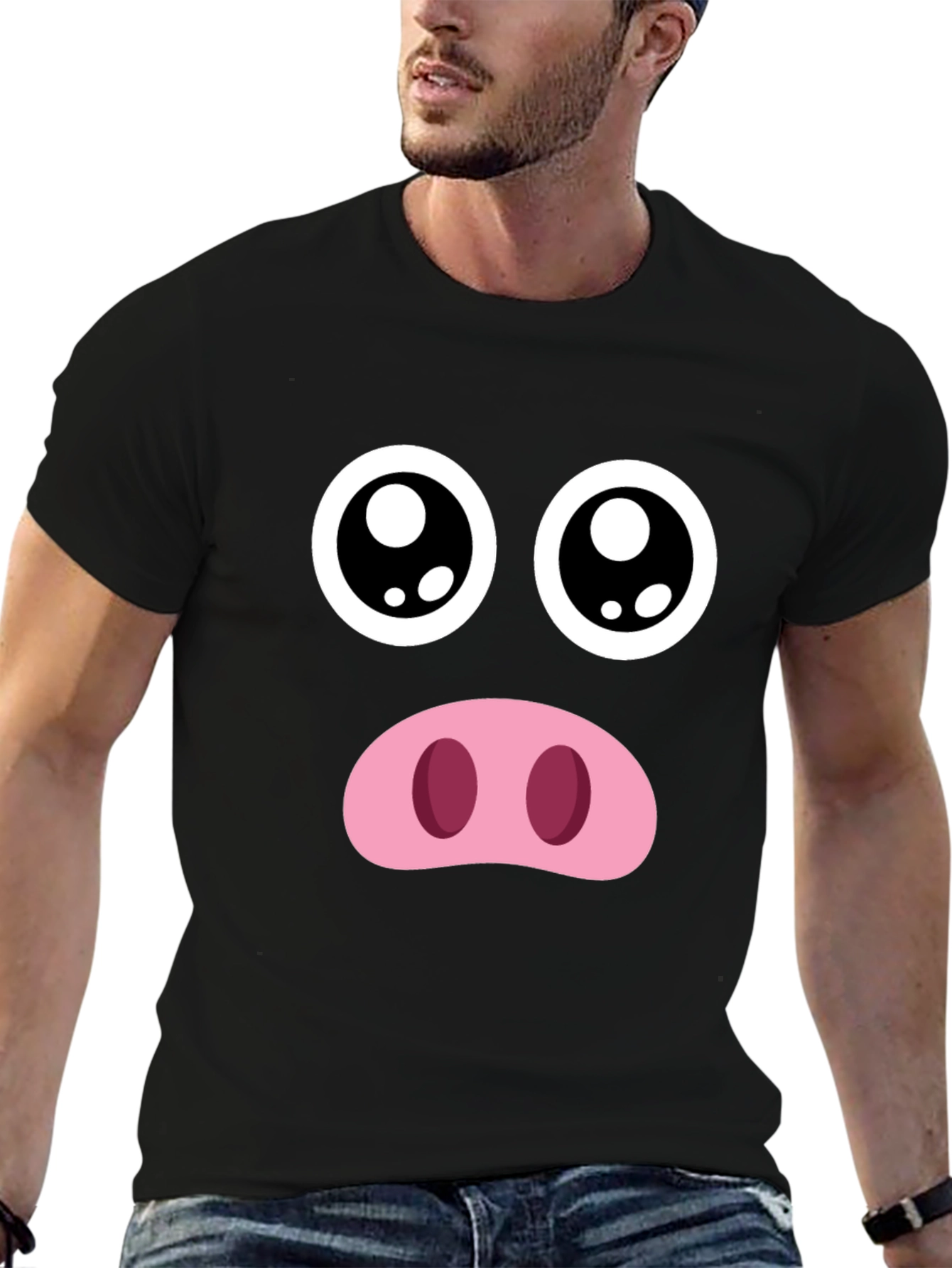 Funny Pig Face Graphic Tee - Black Crewneck T-Shirt
