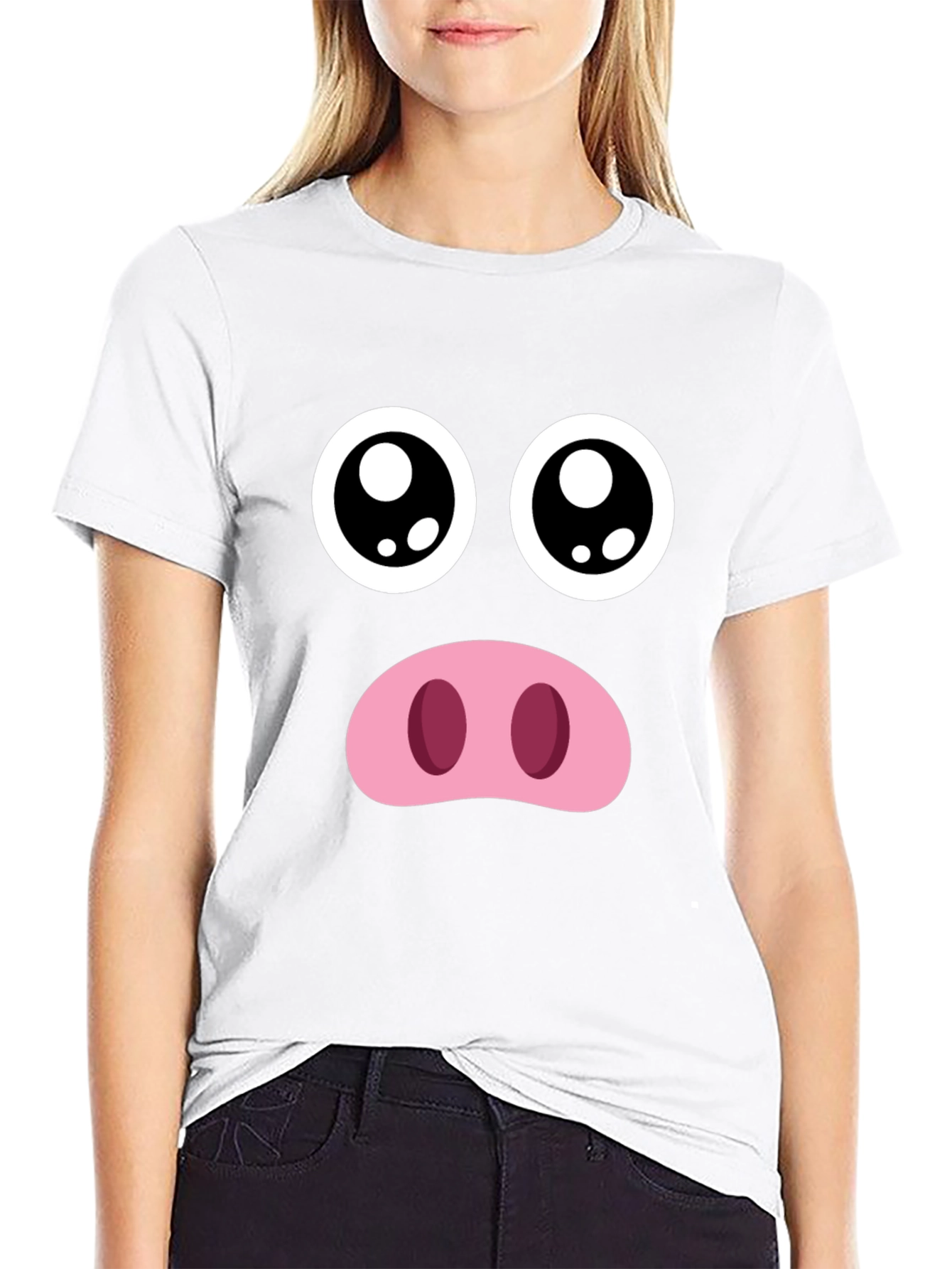 Funny Pig Face Graphic Tee - Black Crewneck T-Shirt