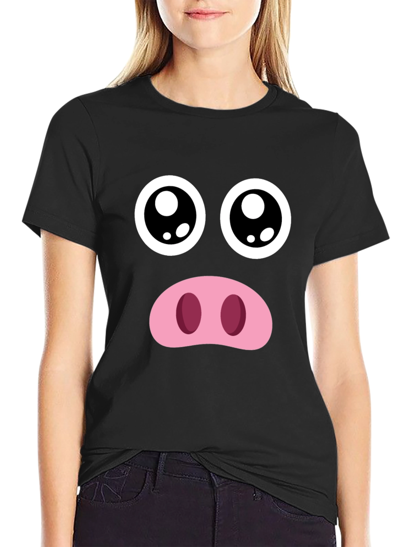 Funny Pig Face Graphic Tee - Black Crewneck T-Shirt