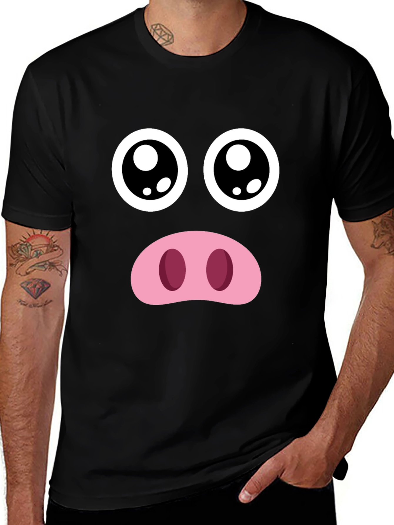 Funny Pig Face Graphic Tee - Black Crewneck T-Shirt