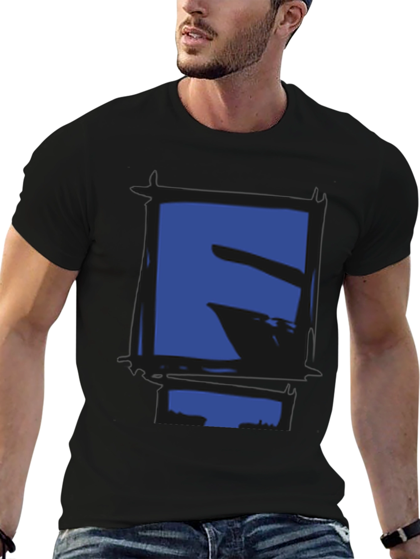 Abstract Blue Graphic Print Black T-Shirt