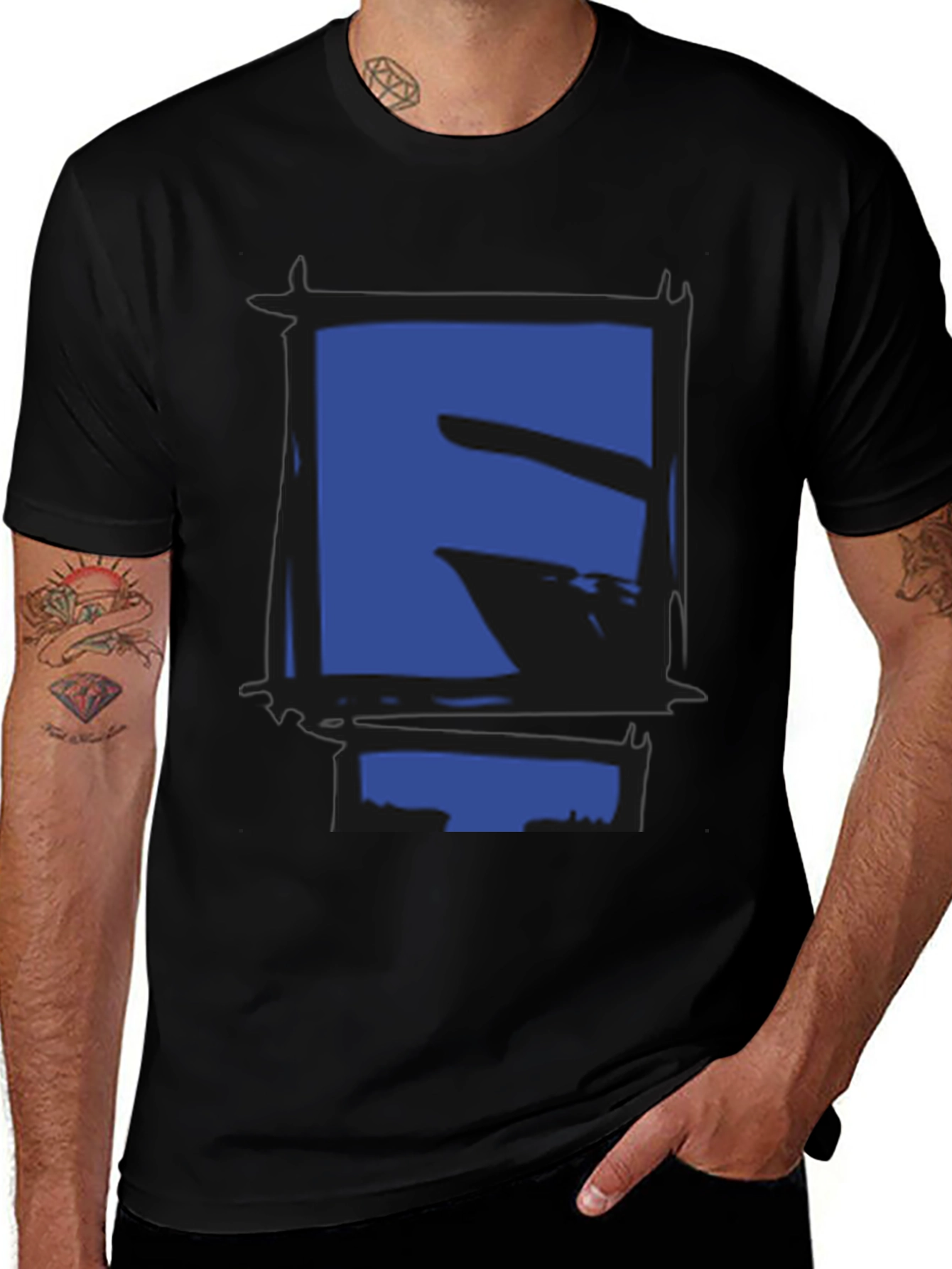 Abstract Blue Graphic Print Black T-Shirt