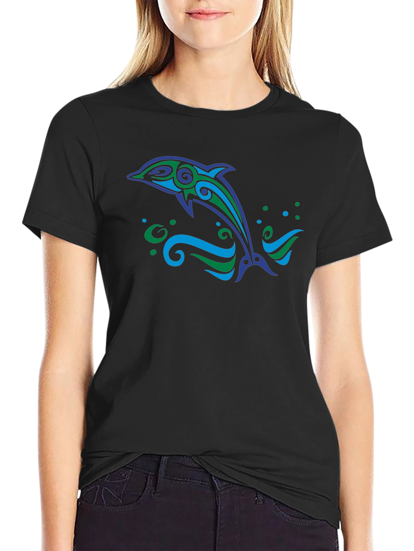 Tribal Dolphin Graphic Tee - Black Cotton Blend