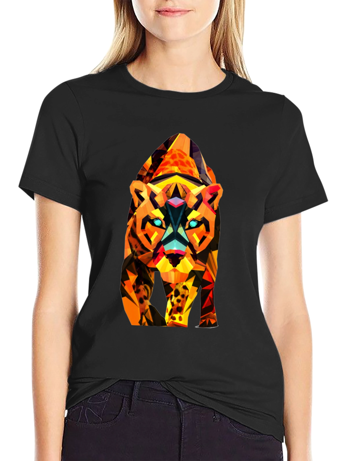 Abstract Geometric Tiger Graphic Tee - Black