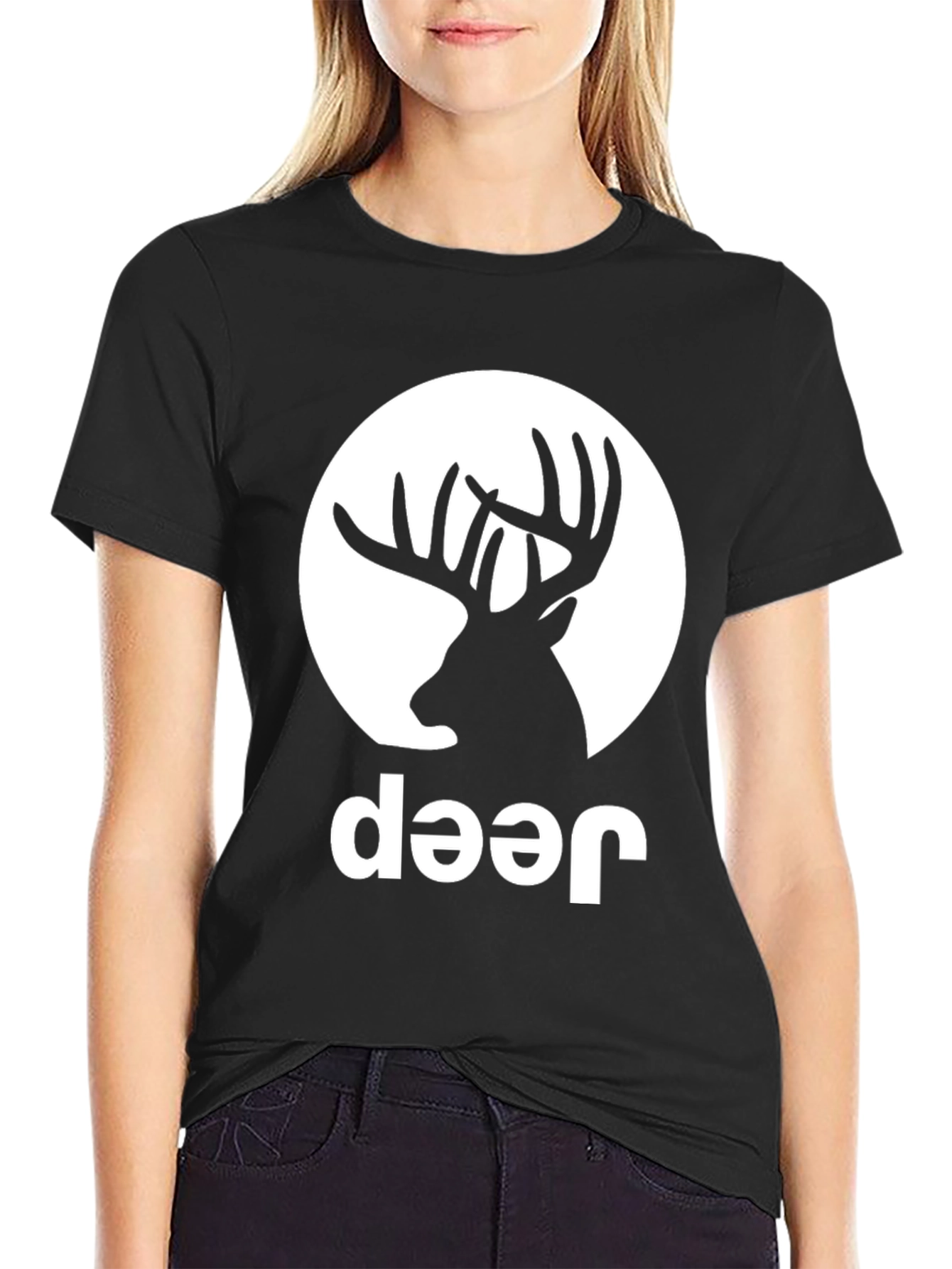Deer Graphic Tee - Black Crew Neck T-Shirt