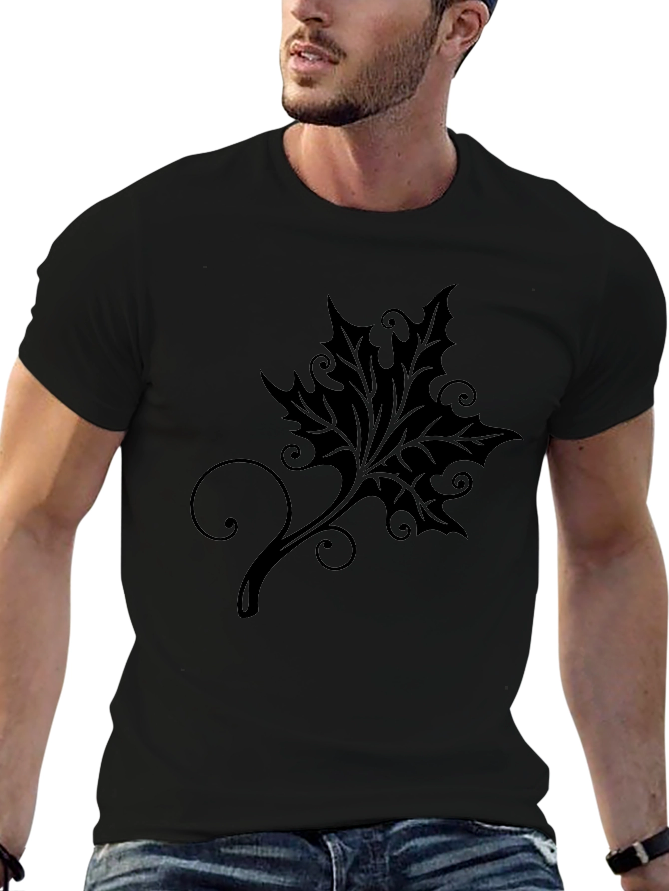 Stylish Black T-Shirt with Leaf Design