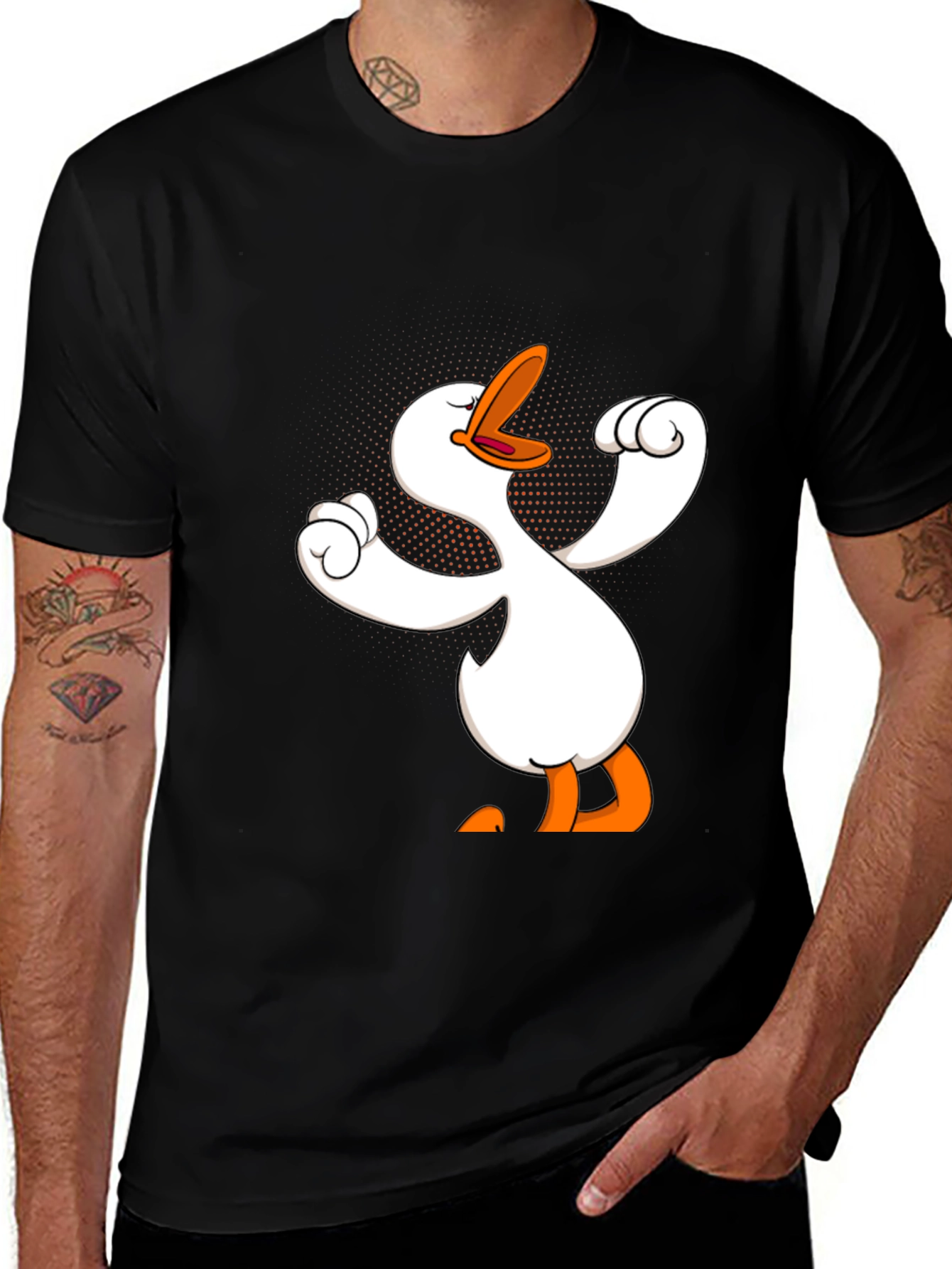 Funny Goose Cartoon Graphic Black T-Shirt