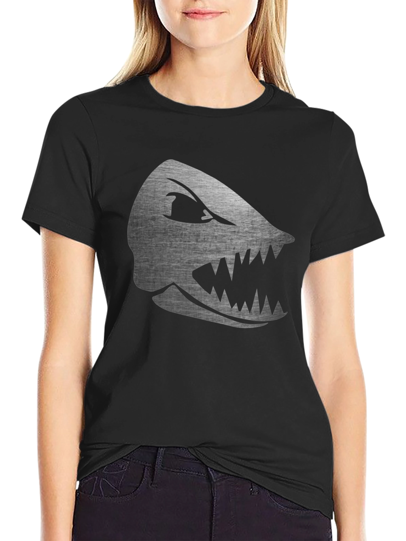 Mens Black T-Shirt with Silver Shark Graphic