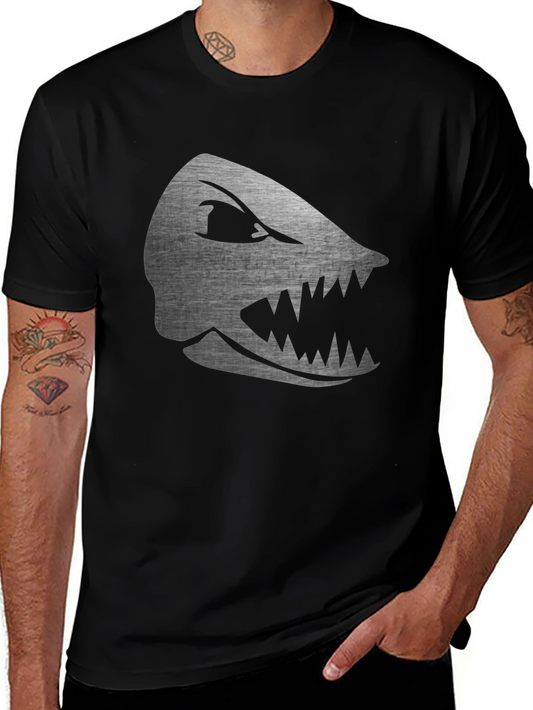 Mens Black T-Shirt with Silver Shark Graphic
