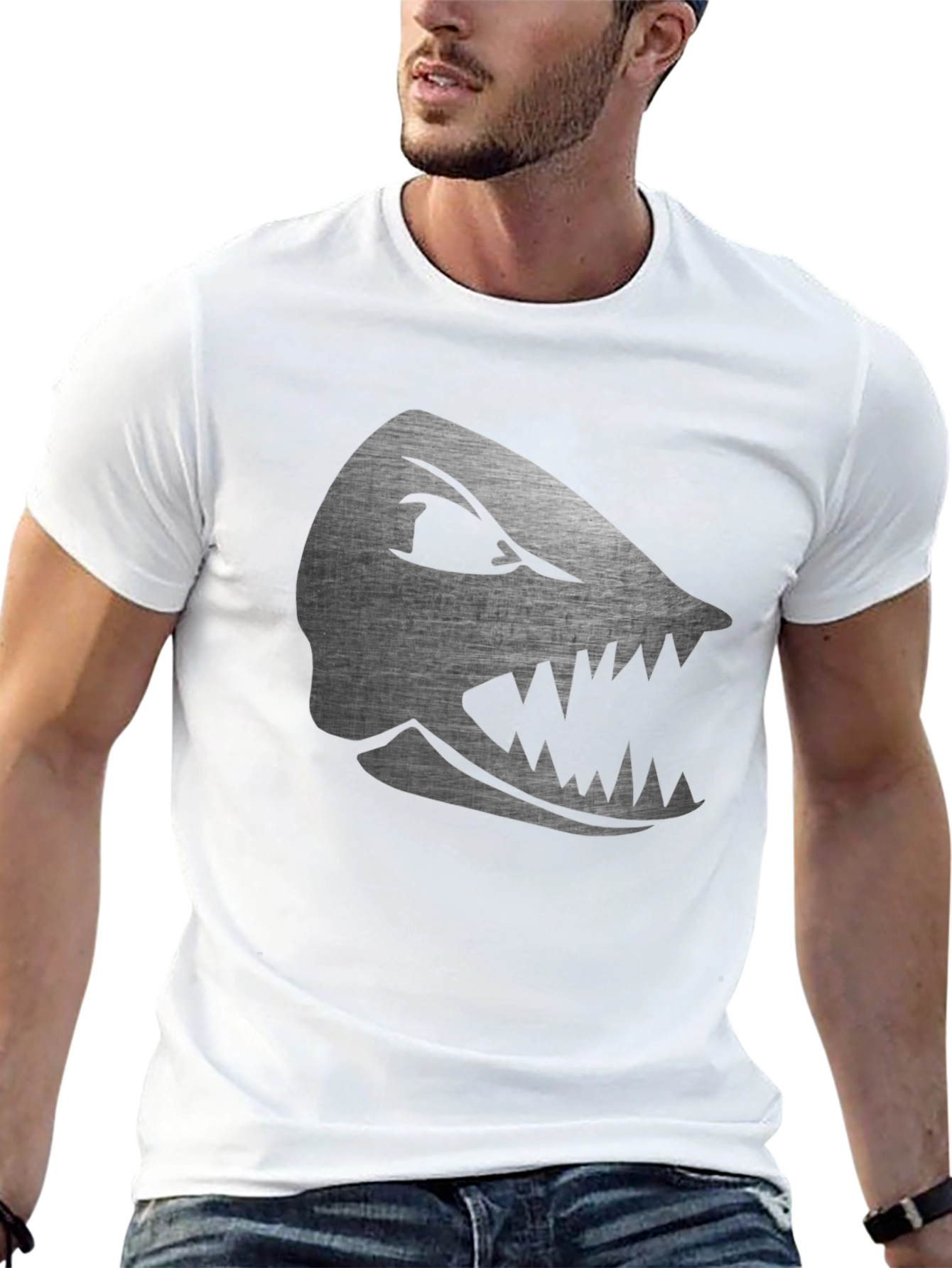 Mens Black T-Shirt with Silver Shark Graphic