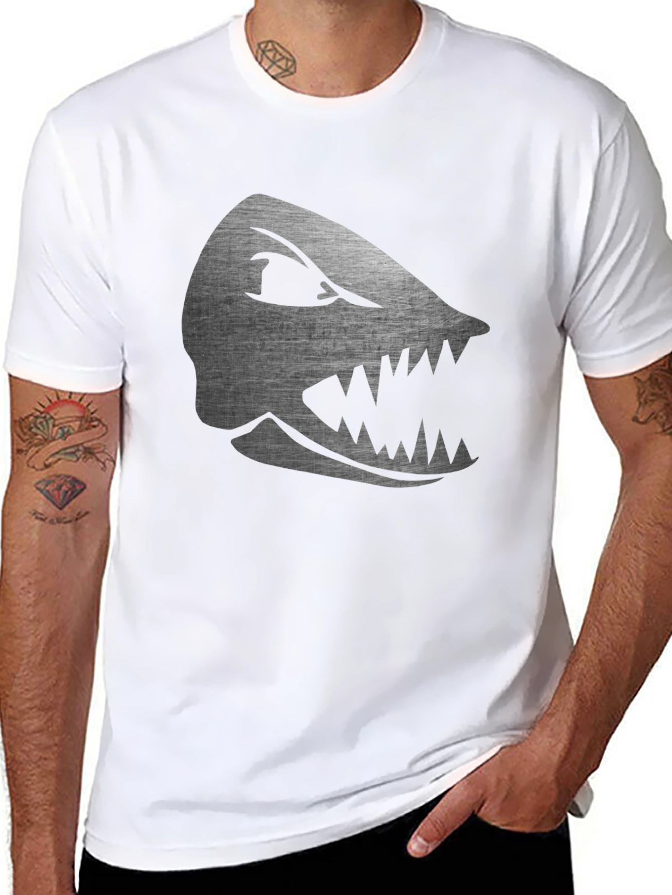 Mens Black T-Shirt with Silver Shark Graphic
