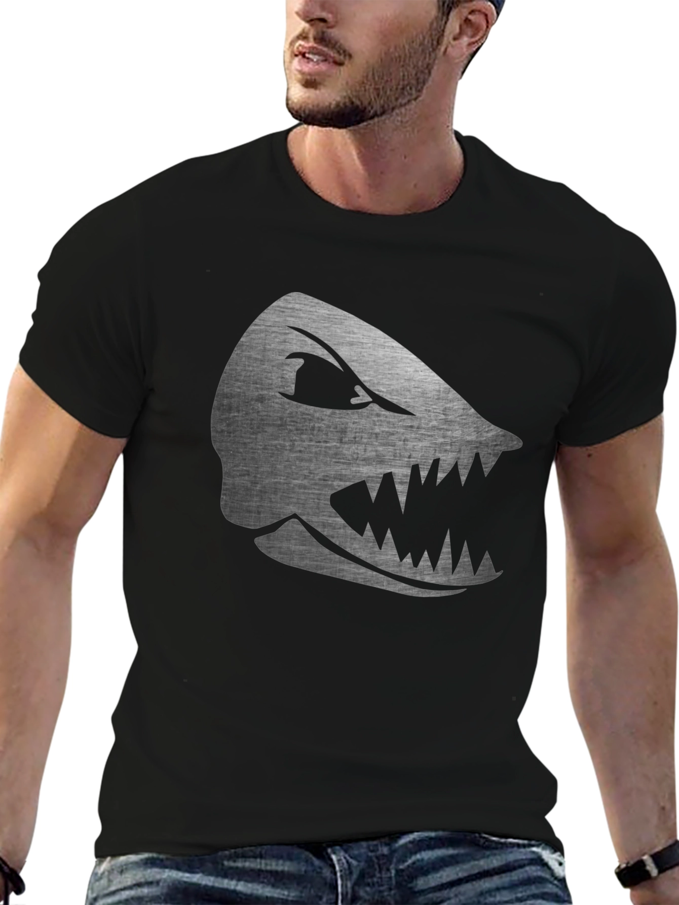 Mens Black T-Shirt with Silver Shark Graphic