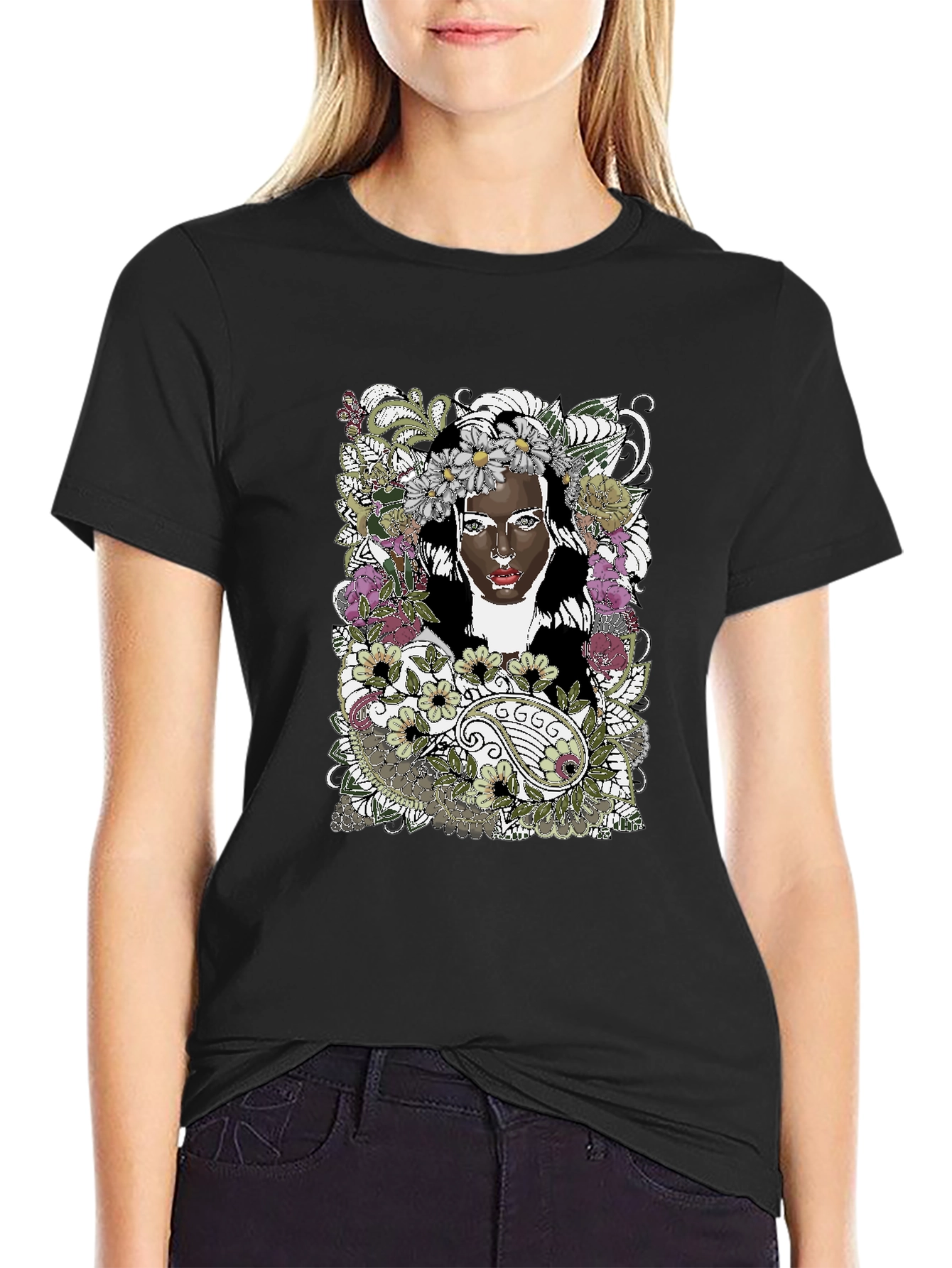 Floral Woman Graphic Tee - Black Unisex T-Shirt