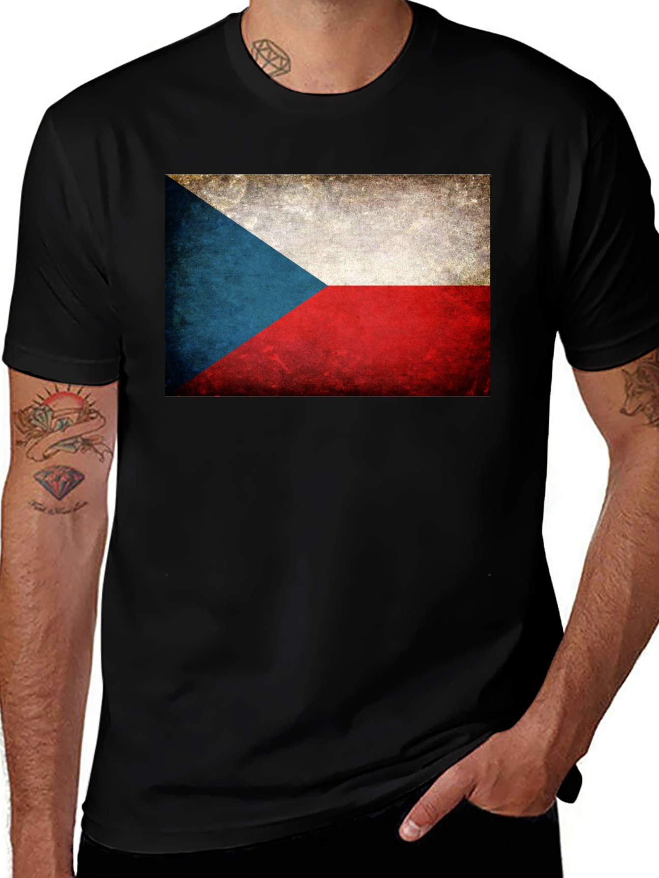 Czech Republic Flag Graphic Tee - Black Cotton