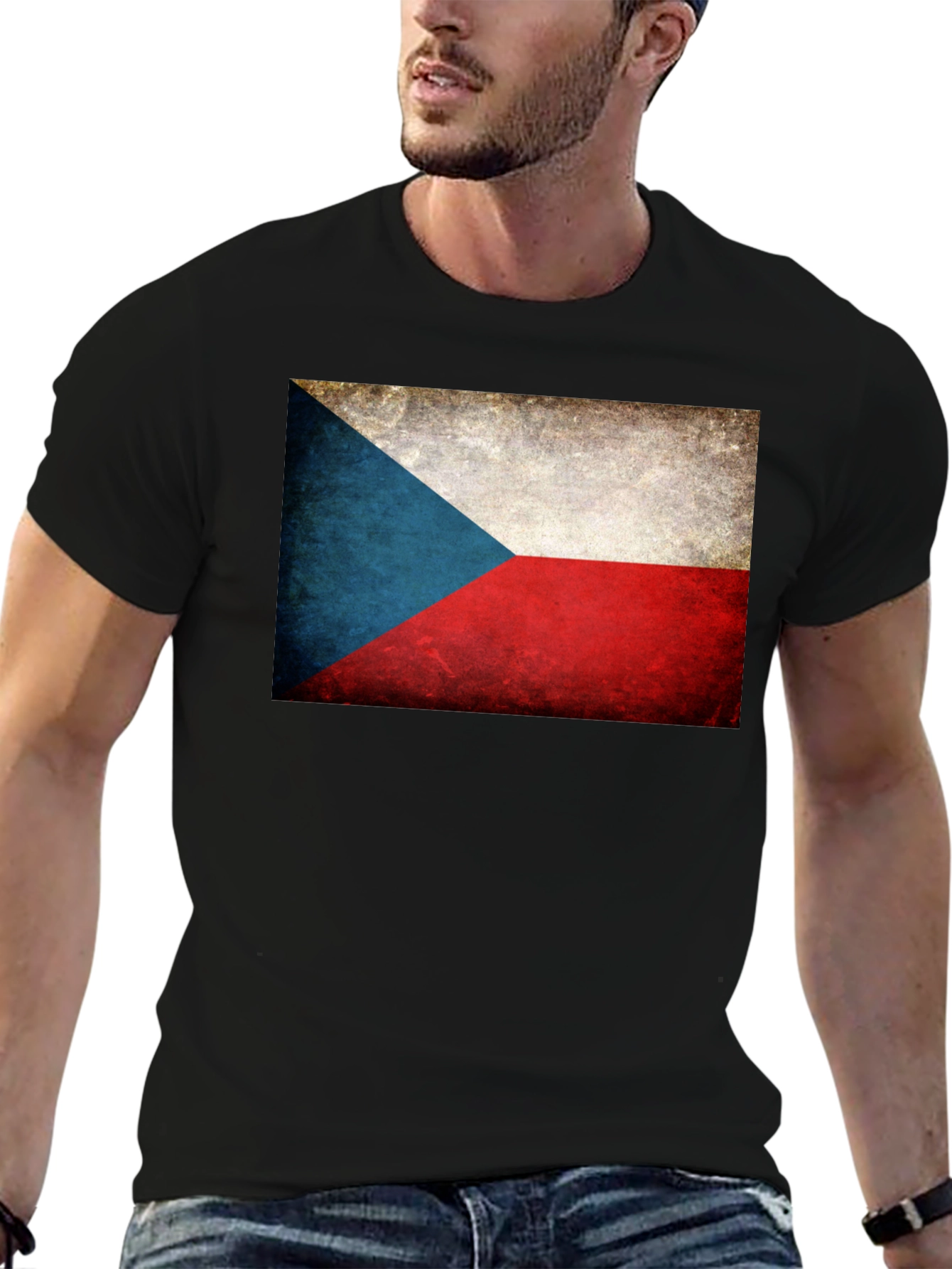 Czech Republic Flag Graphic Tee - Black Cotton