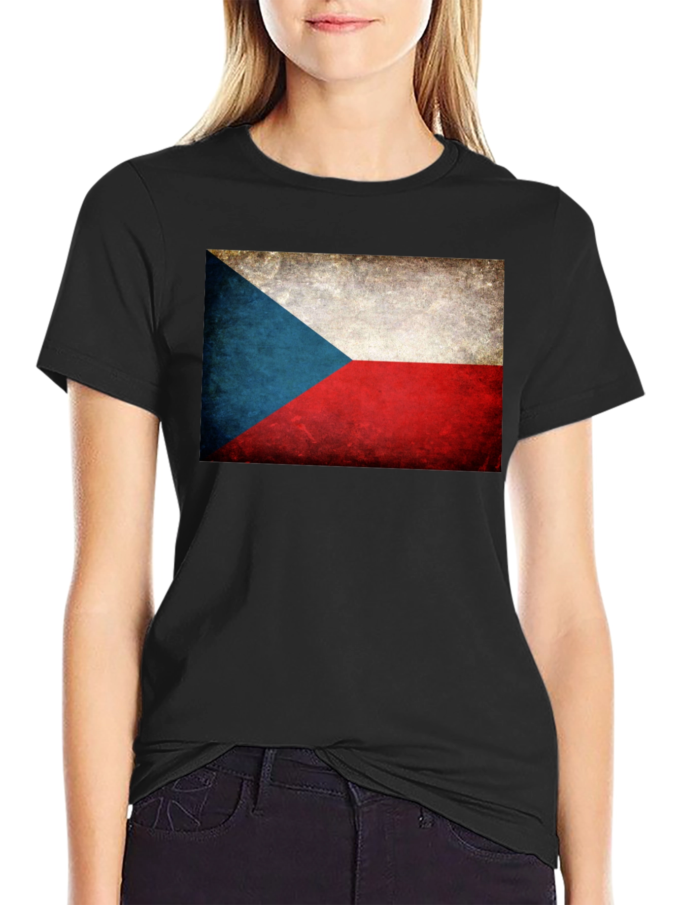 Czech Republic Flag Graphic Tee - Black Cotton