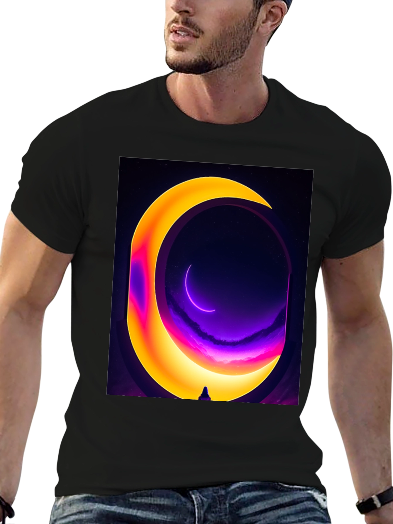 Cosmic Moon Portal Graphic Tee - Black