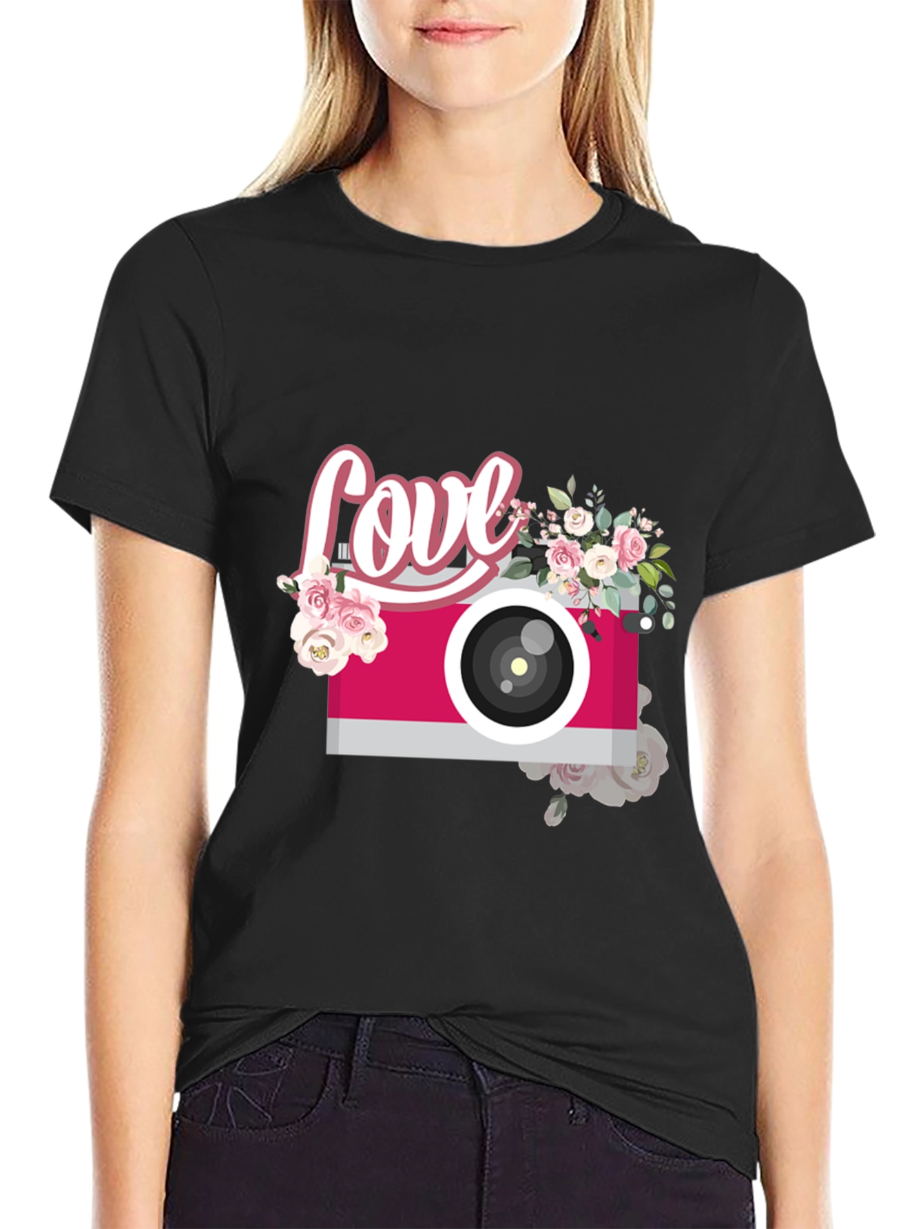 Love Camera Graphic Tee - Trendy Floral Design