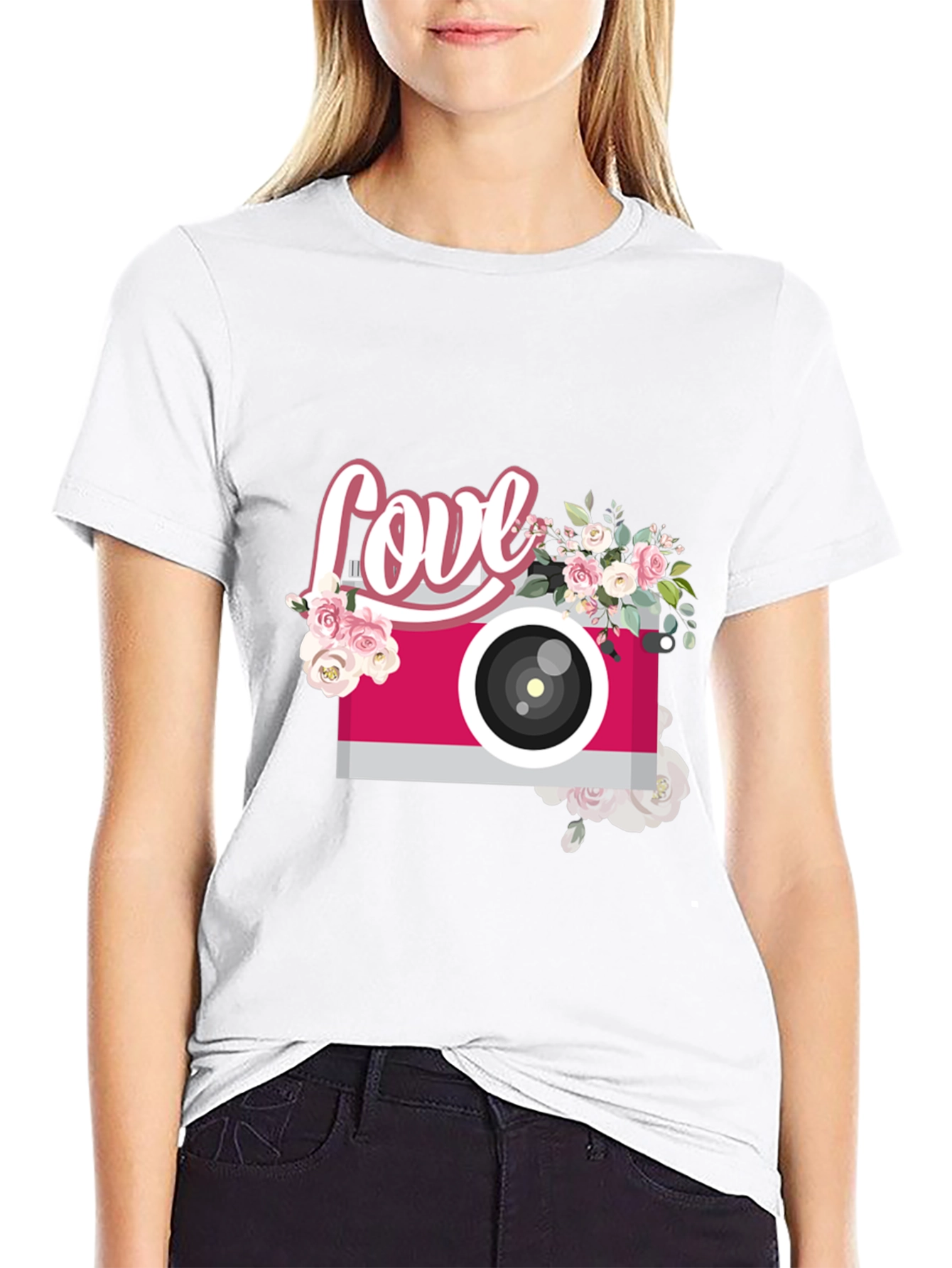 Love Camera Graphic Tee - Trendy Floral Design