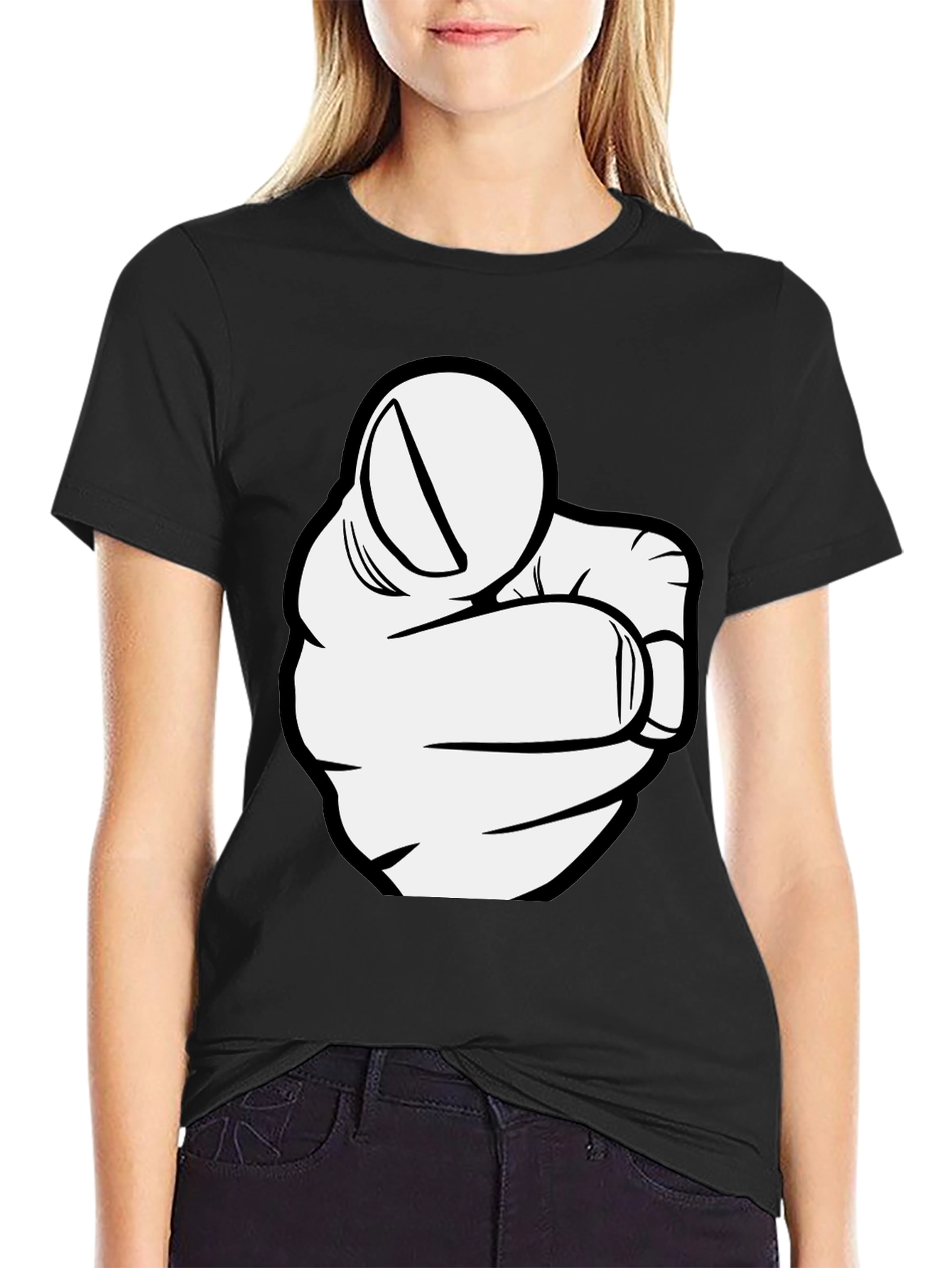Pointing Finger Graphic Tee - Black Cotton T-Shirt