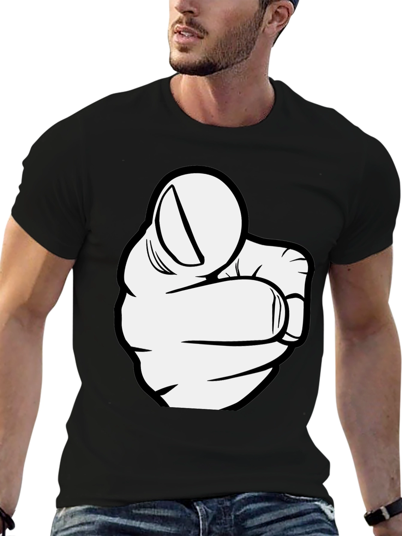 Pointing Finger Graphic Tee - Black Cotton T-Shirt