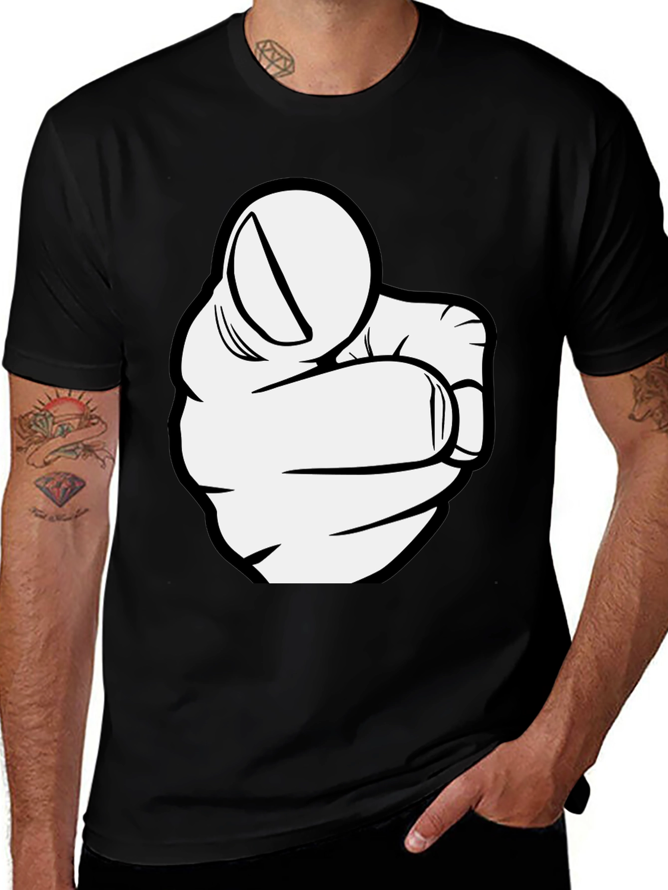 Pointing Finger Graphic Tee - Black Cotton T-Shirt