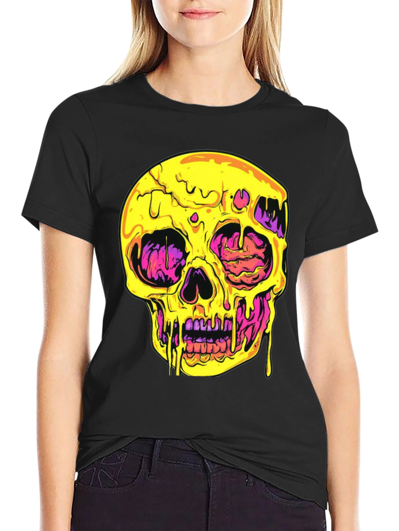 Melting Skull Graphic Tee - Black Cotton T-Shirt