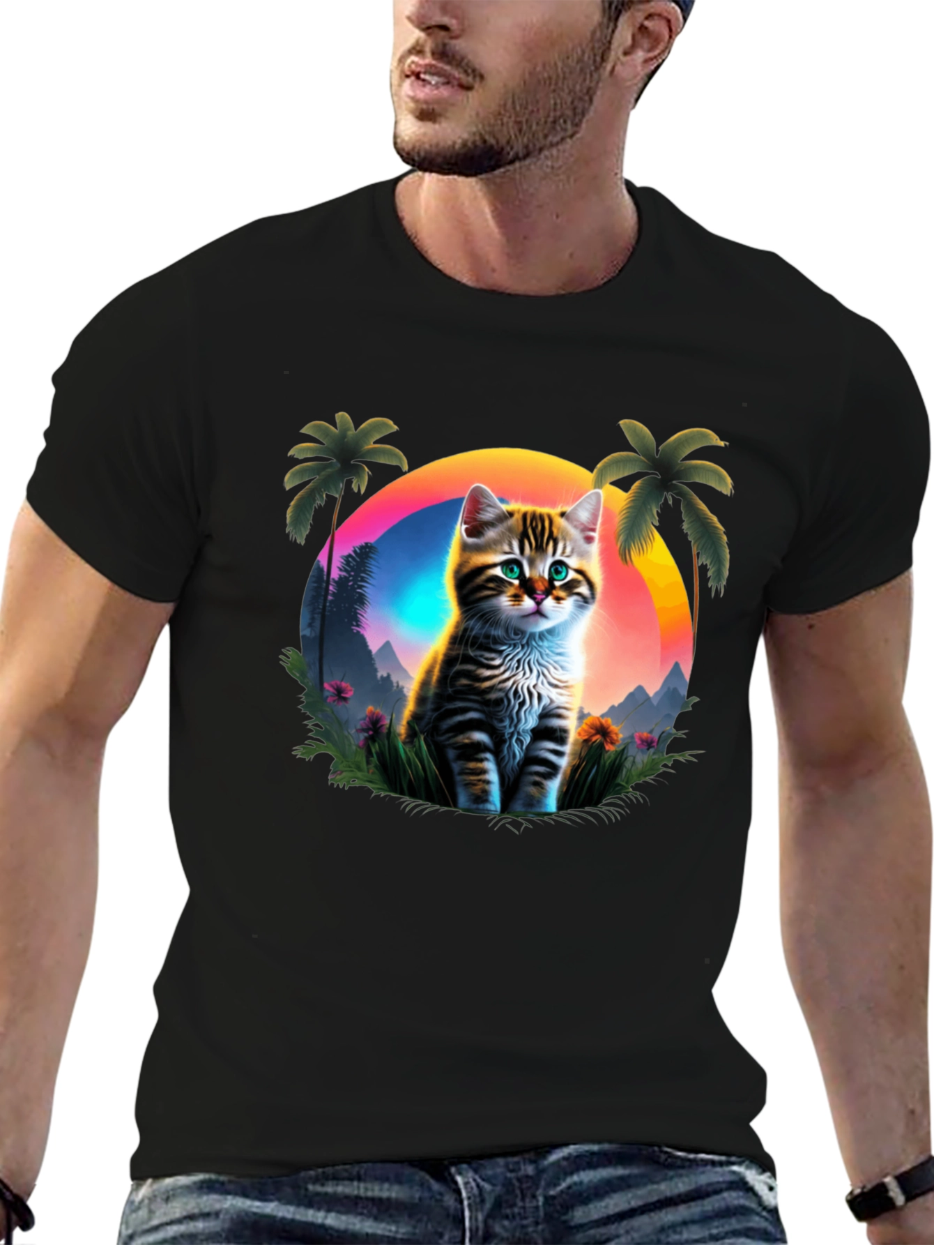 Cat Sunset Graphic Tee - Tropical Vibes