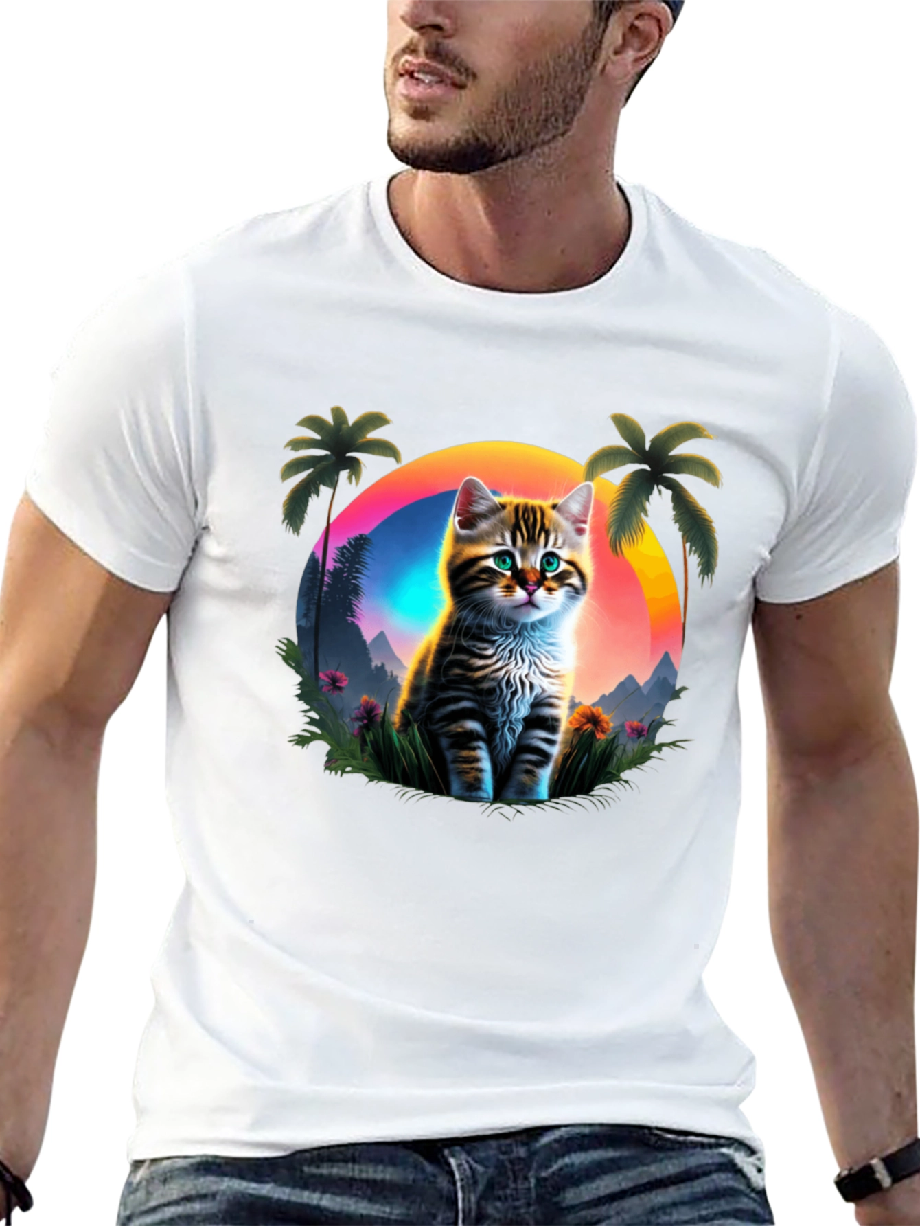 Cat Sunset Graphic Tee - Tropical Vibes