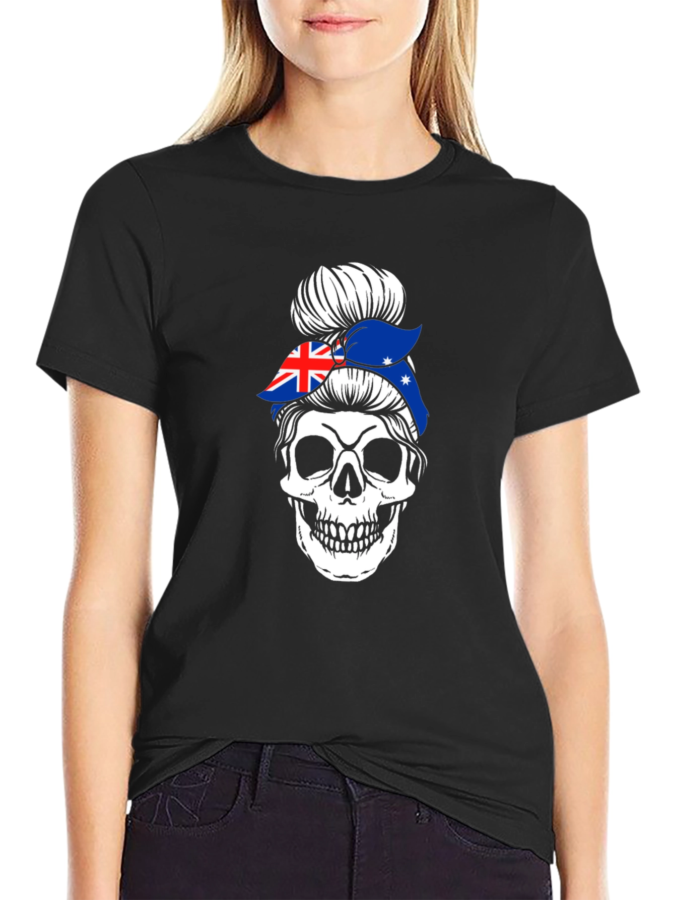 Aussie Skull Messy Bun T-Shirt