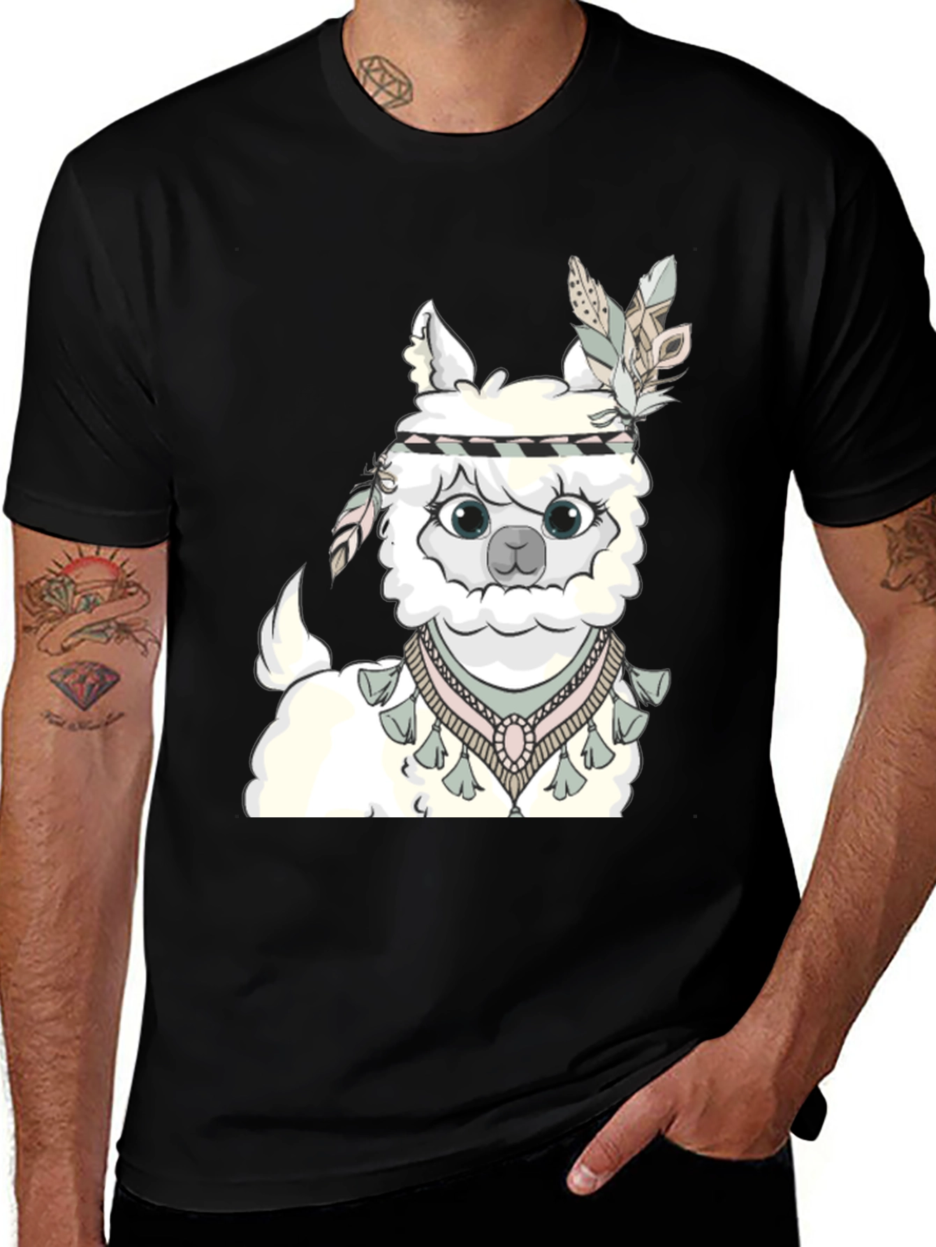 Cute Alpaca T-Shirt with Feather Headdress - Unisex