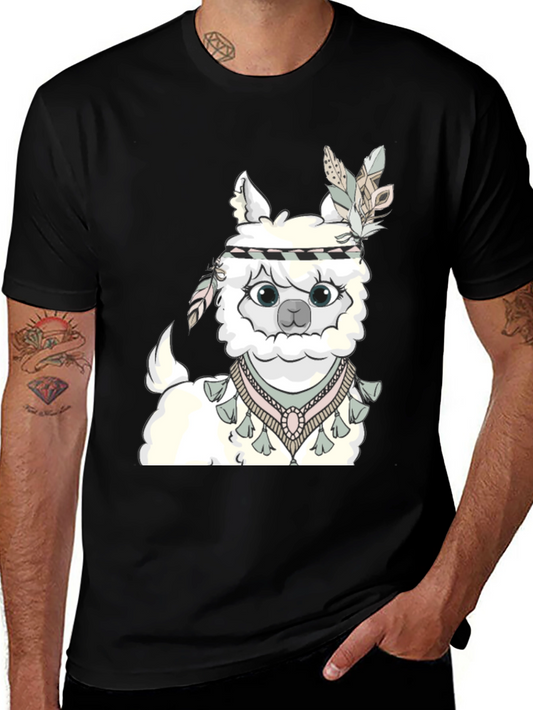 Cute Alpaca T-Shirt with Feather Headdress - Unisex
