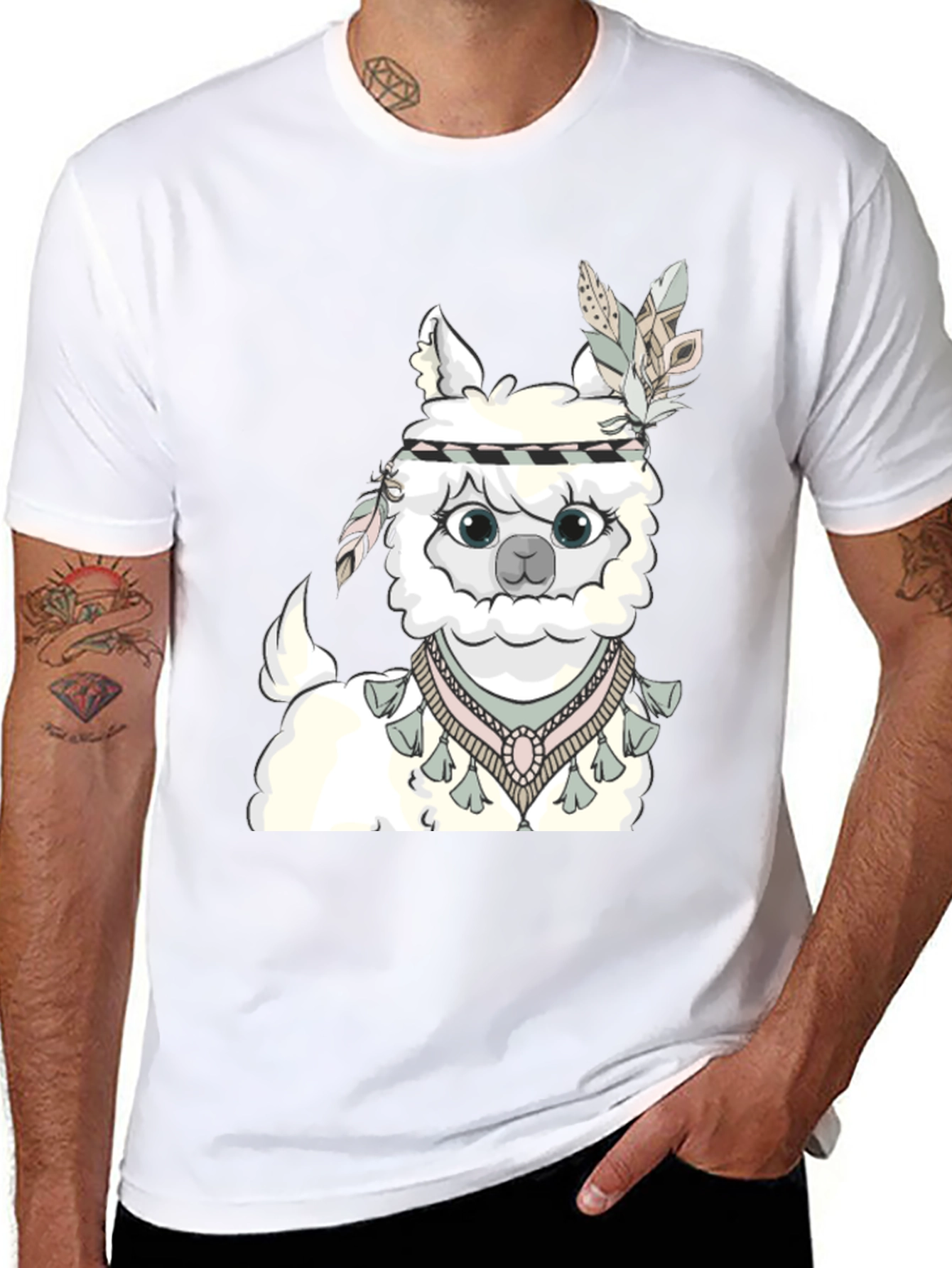Cute Alpaca T-Shirt with Feather Headdress - Unisex