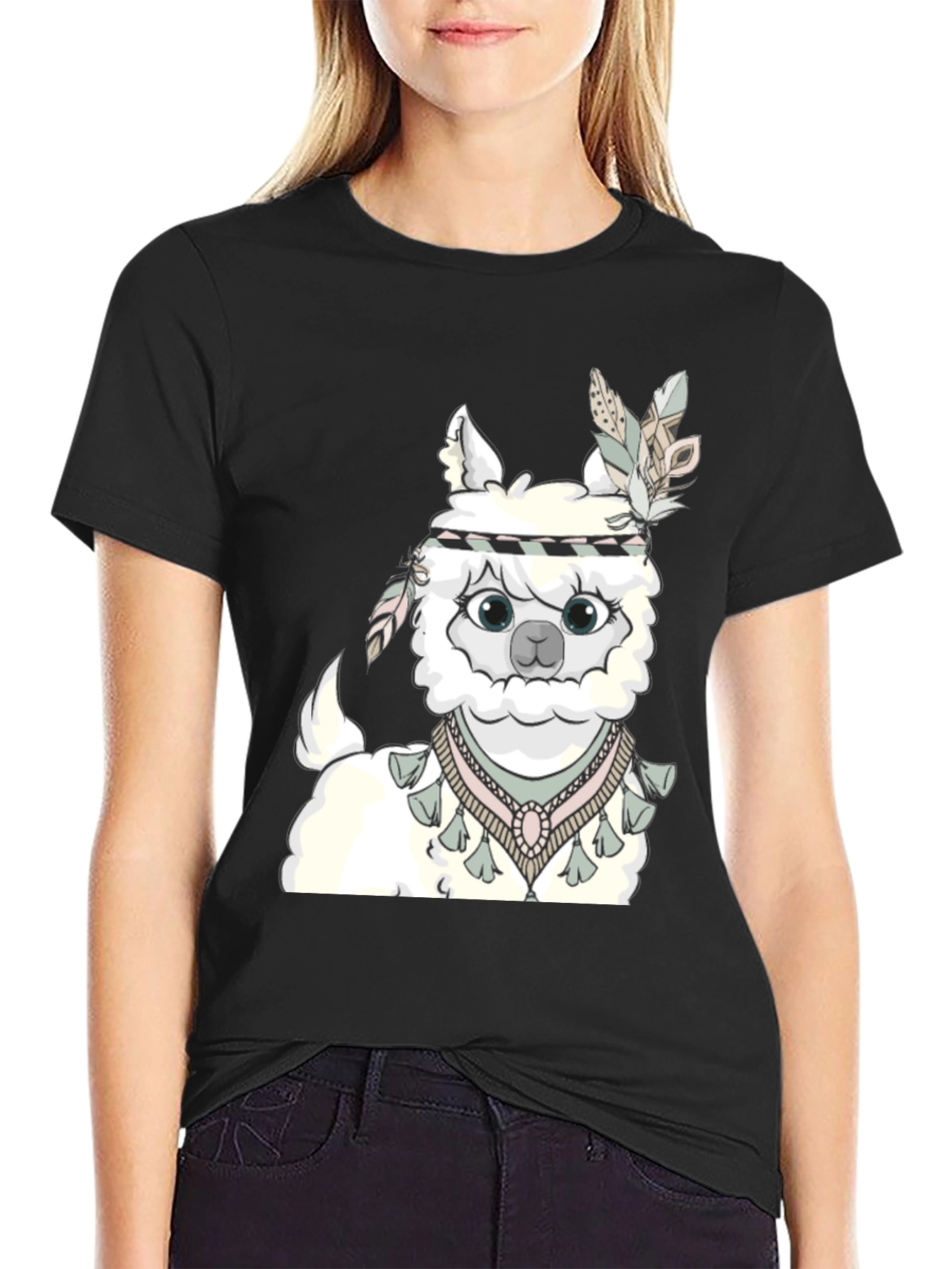 Cute Alpaca T-Shirt with Feather Headdress - Unisex