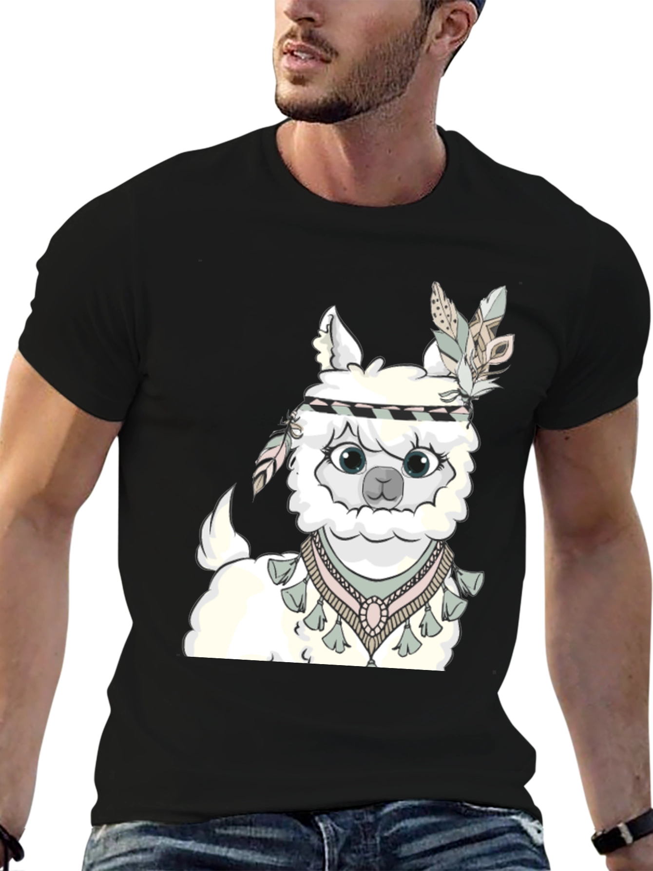 Cute Alpaca T-Shirt with Feather Headdress - Unisex