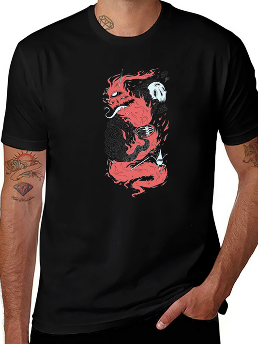 Fiery Dragon Graphic Print Black T-Shirt