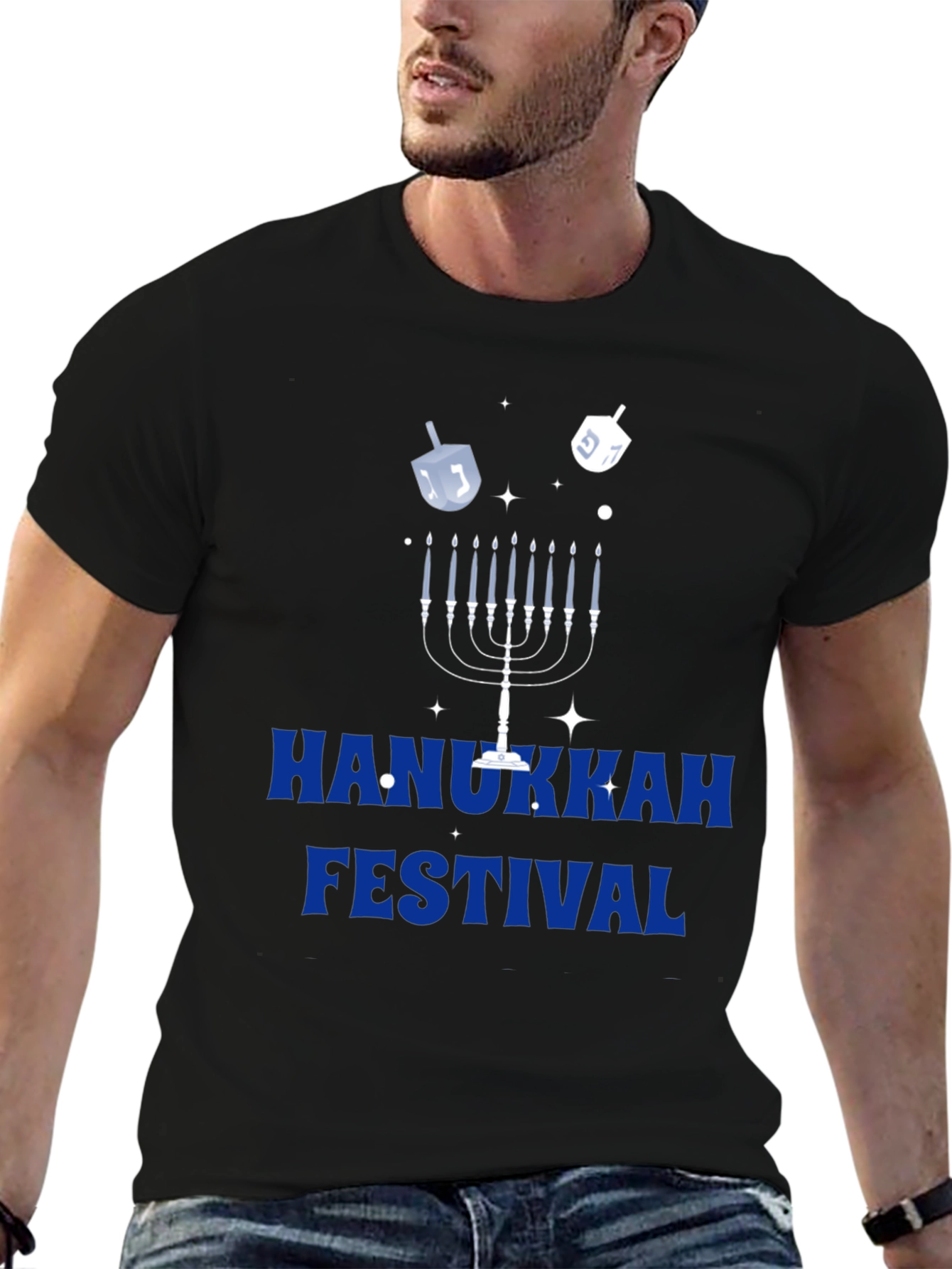 Hanukkah Festival Graphic Tee - Mens Black Cotton T-Shirt