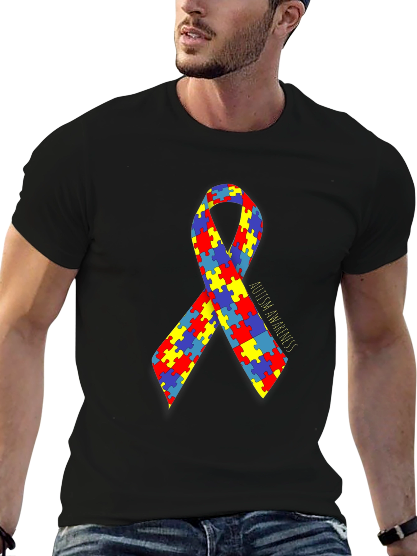 Autism Awareness Puzzle Ribbon T-Shirt - Black