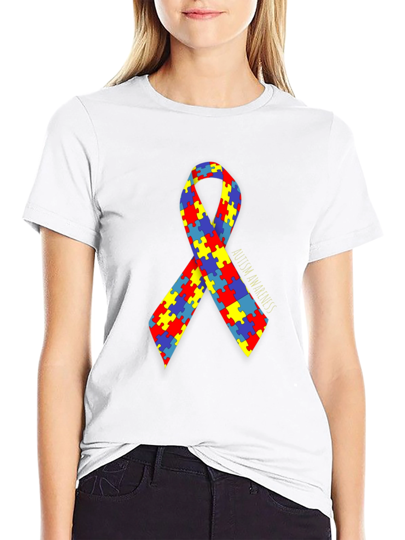 Autism Awareness Puzzle Ribbon T-Shirt - Black