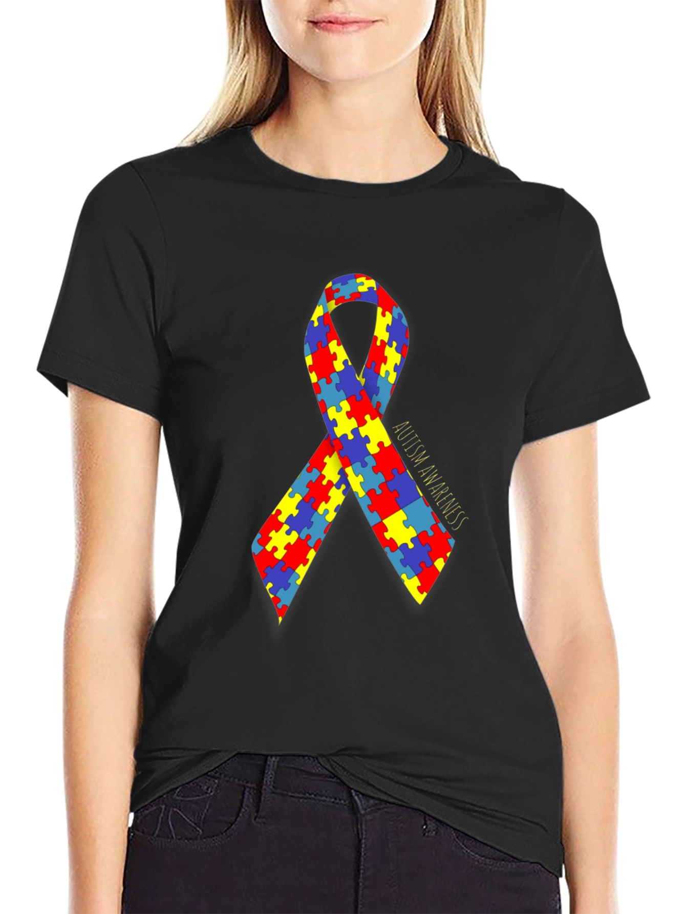 Autism Awareness Puzzle Ribbon T-Shirt - Black