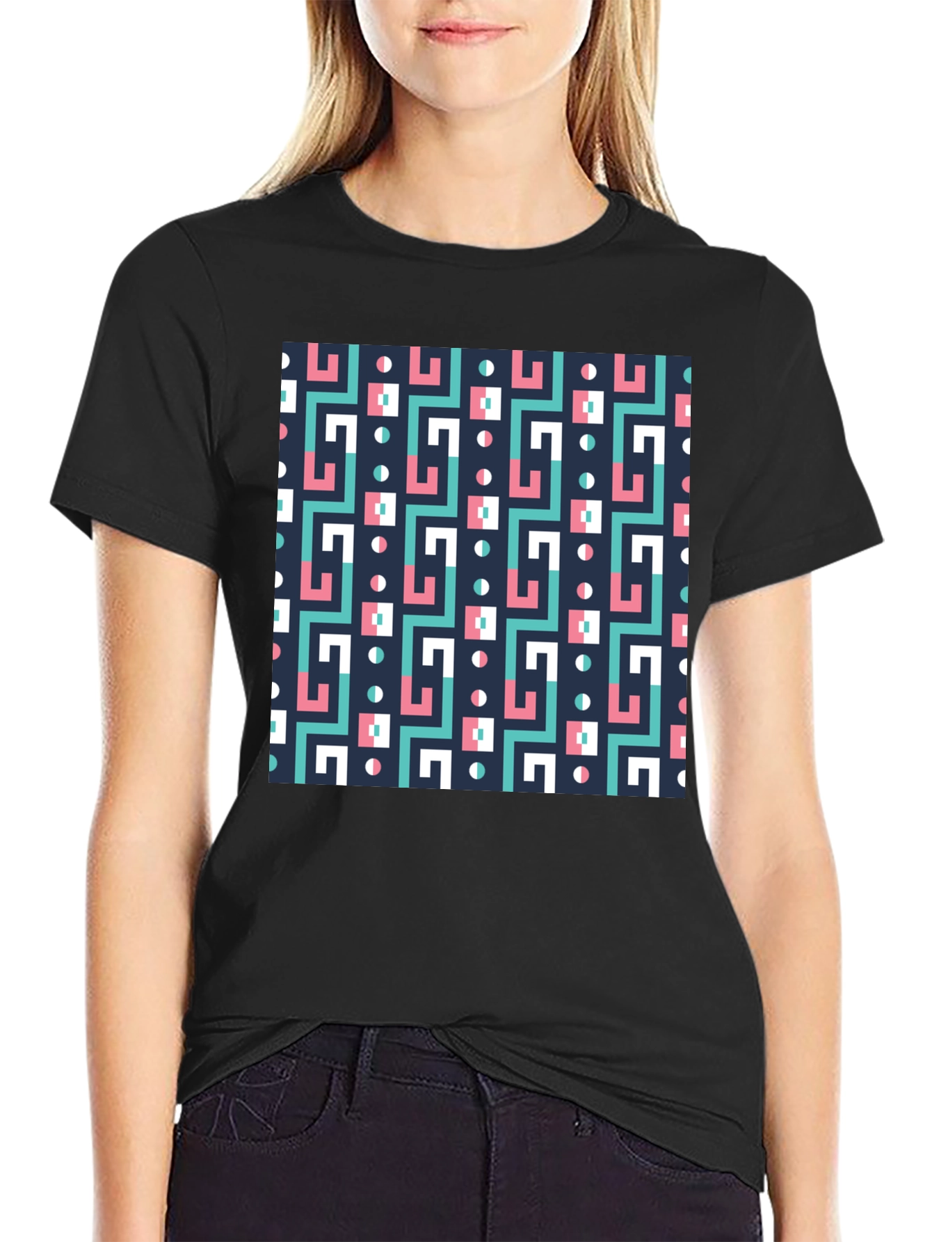Geometric Pattern Black Crew Neck Tee