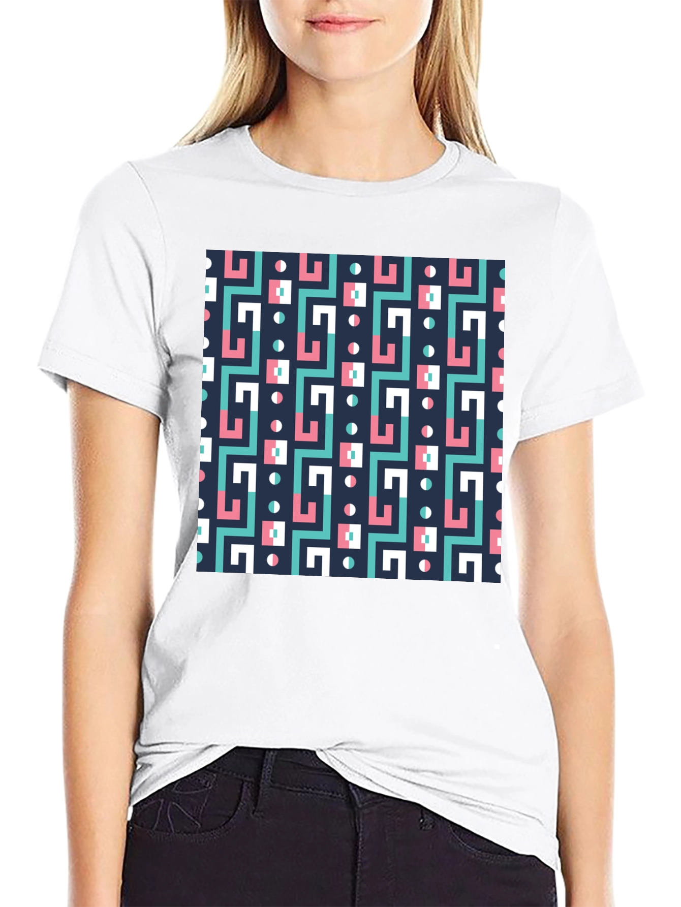 Geometric Pattern Black Crew Neck Tee