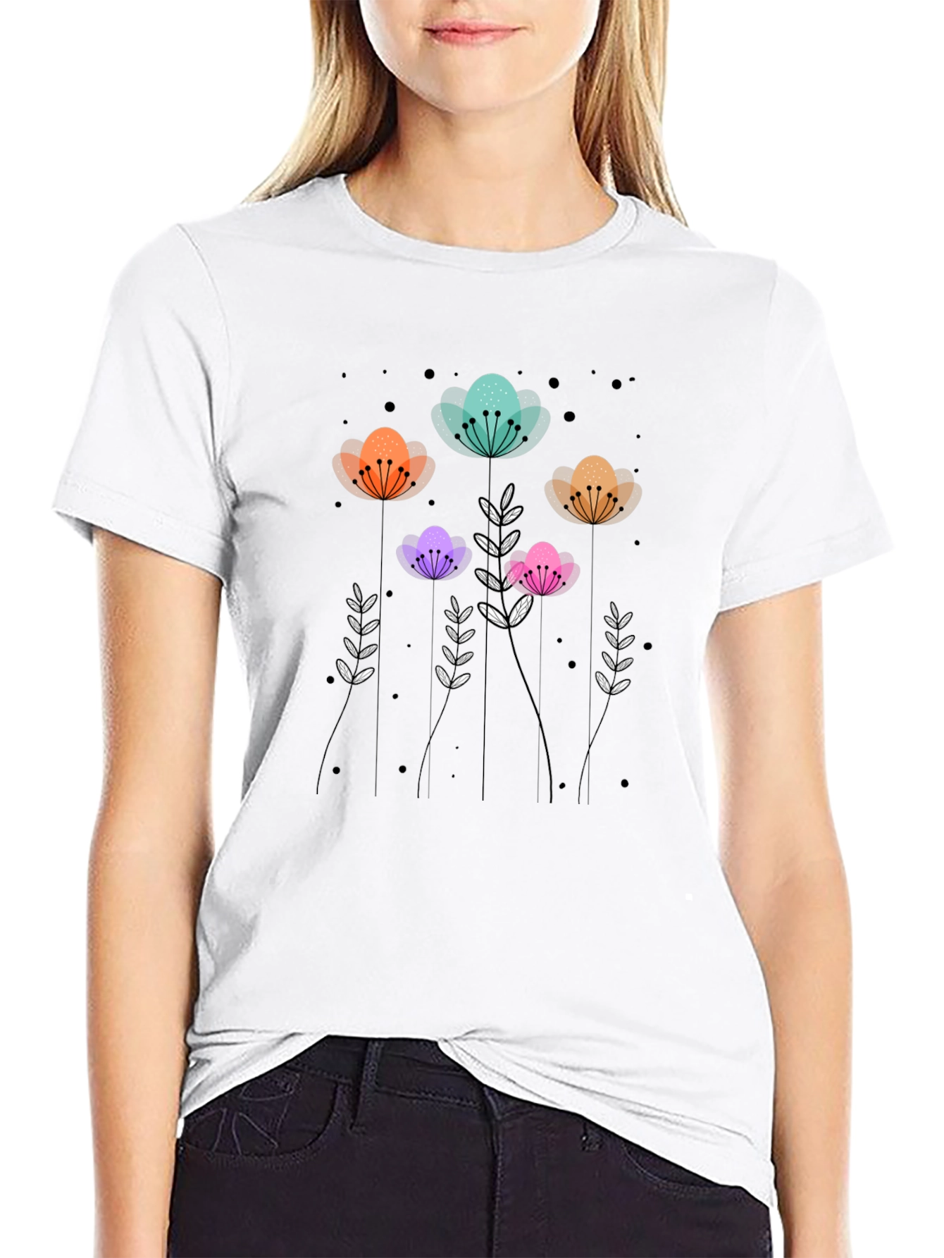 Floral Print Black T-Shirt - Unique Design