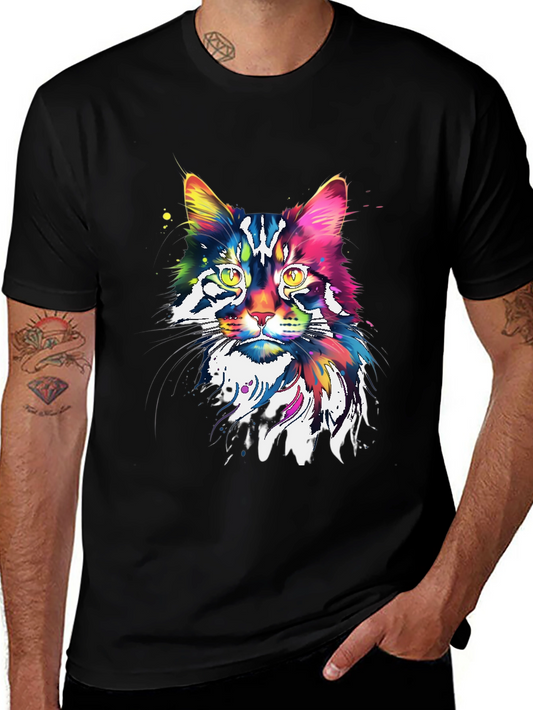Colorful Cat Graphic Tee - Black Cotton Blend