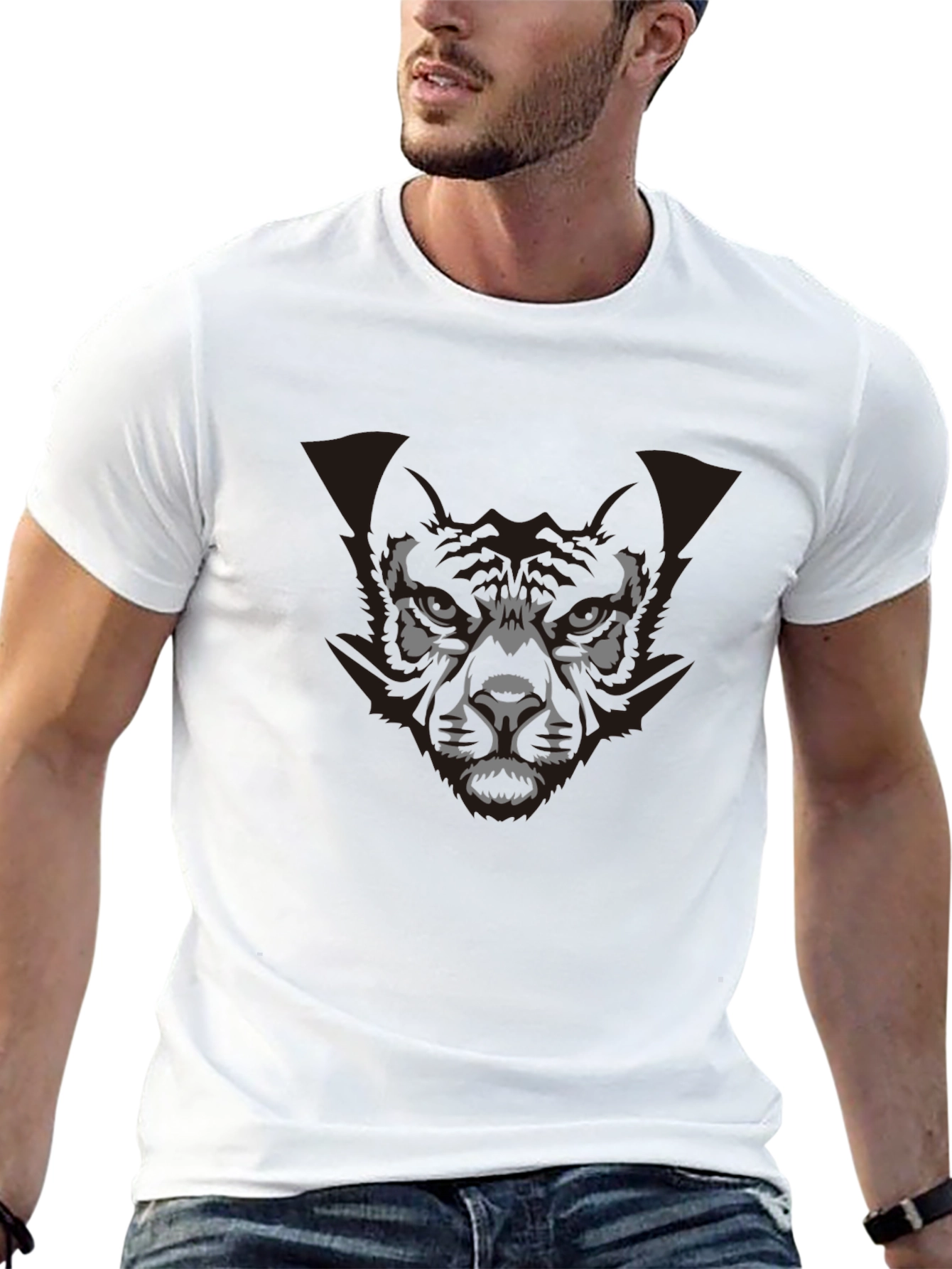 Mens Graphic Print Black T-Shirt - Wolf Design