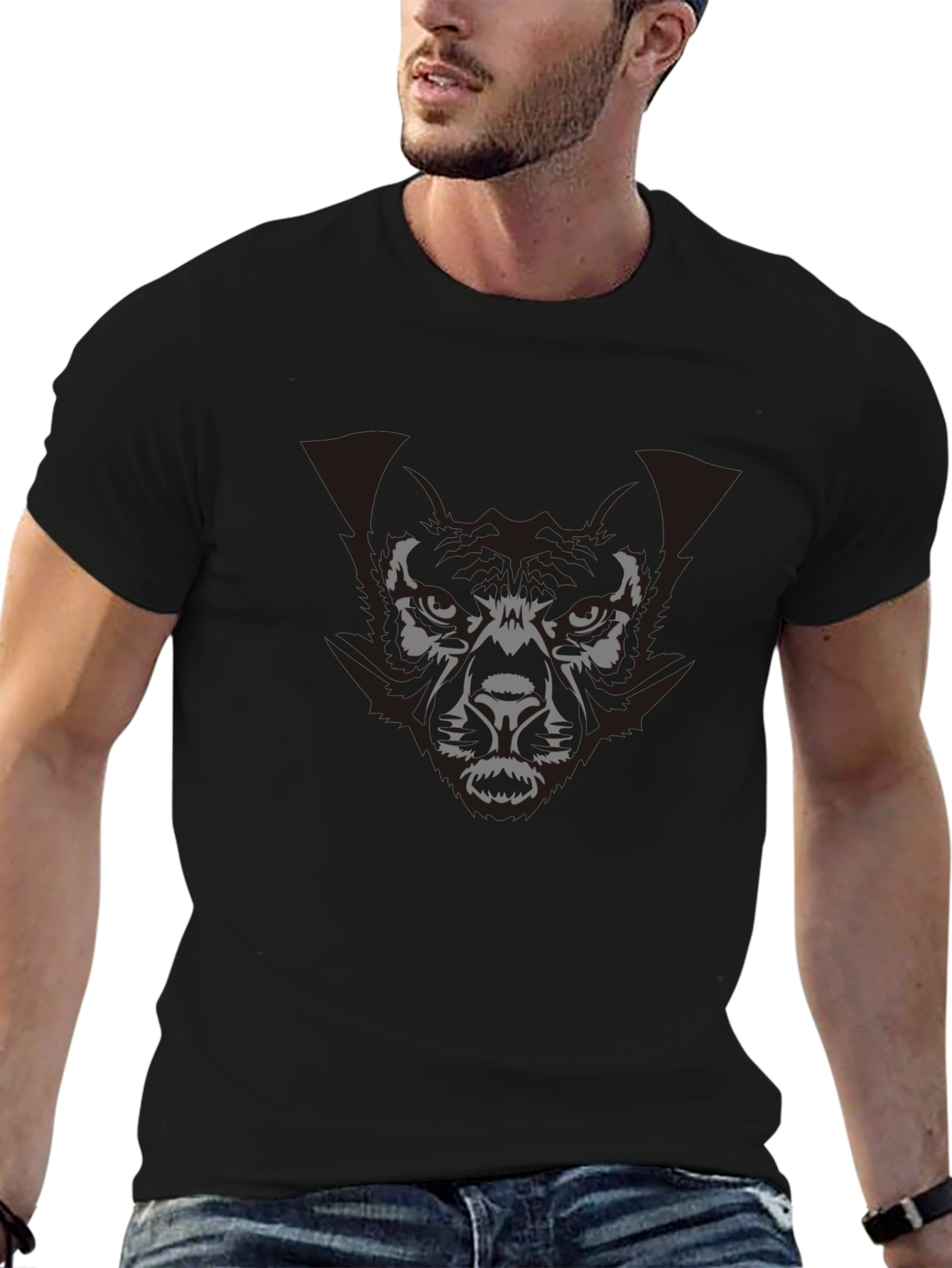 Mens Graphic Print Black T-Shirt - Wolf Design