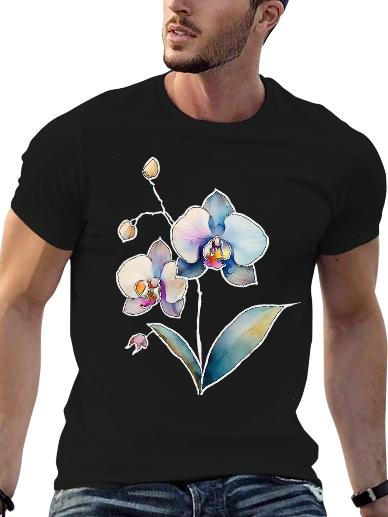 Floral Orchid Print Mens Black T-Shirt