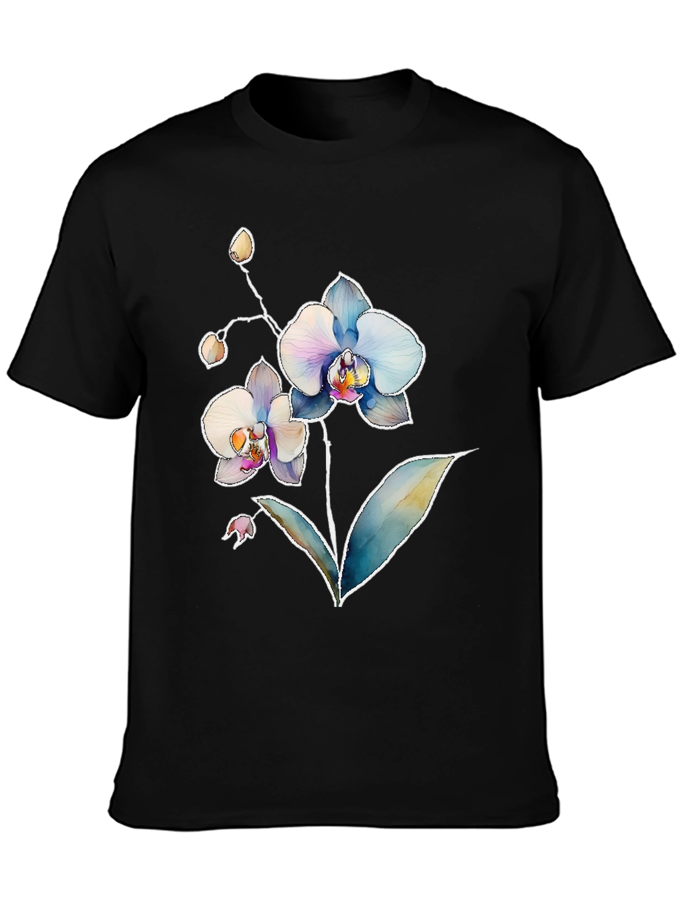 Floral Orchid Print Mens Black T-Shirt