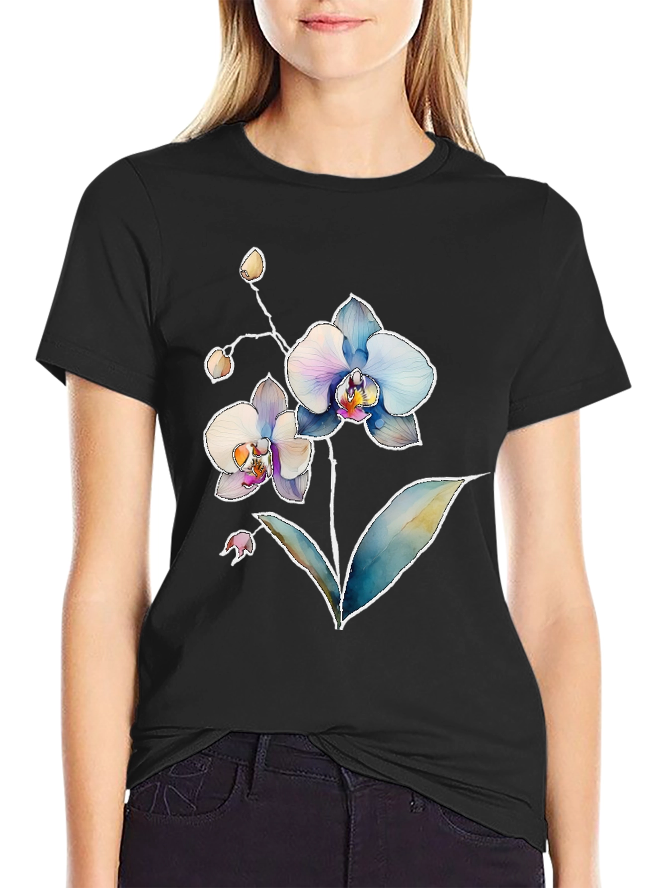 Floral Orchid Print Mens Black T-Shirt